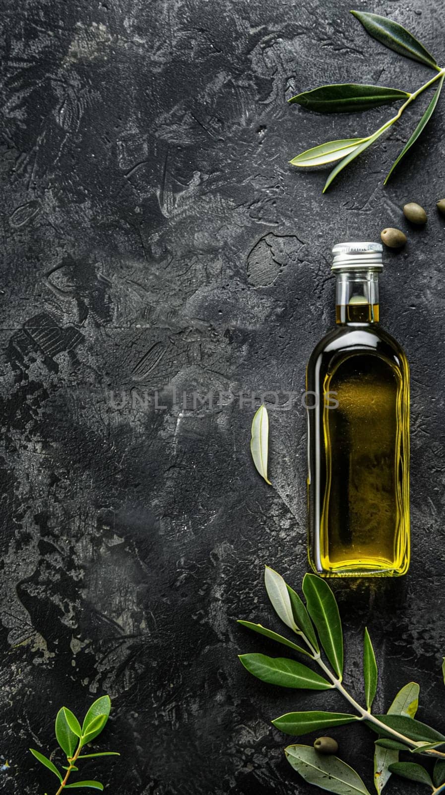 Olive oil bottle ad background with copyspace, vegetable oil commercial produce, food industry and retail by Anneleven