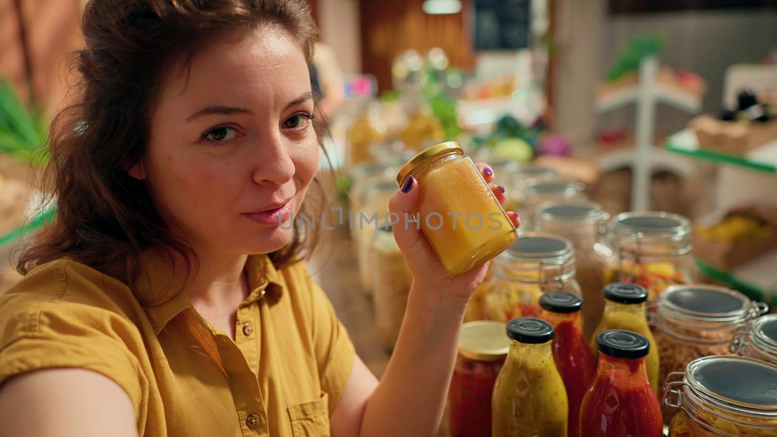 Woman films vlog praising hidden gem sustainable local neighborhood supermarket, impressed by high quality natural products. Health influencer shows around newly opened zero waste shop