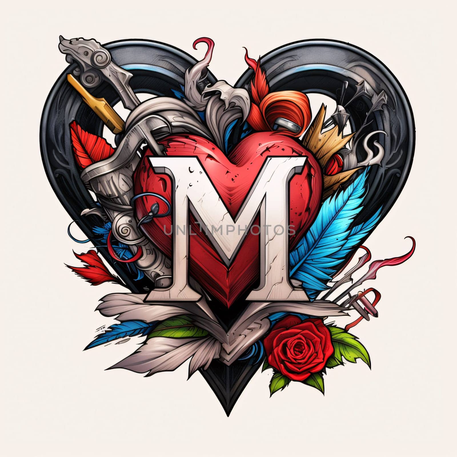 Graphic alphabet letters: Love letter M with heart, feathers and arrows. Vector illustration.