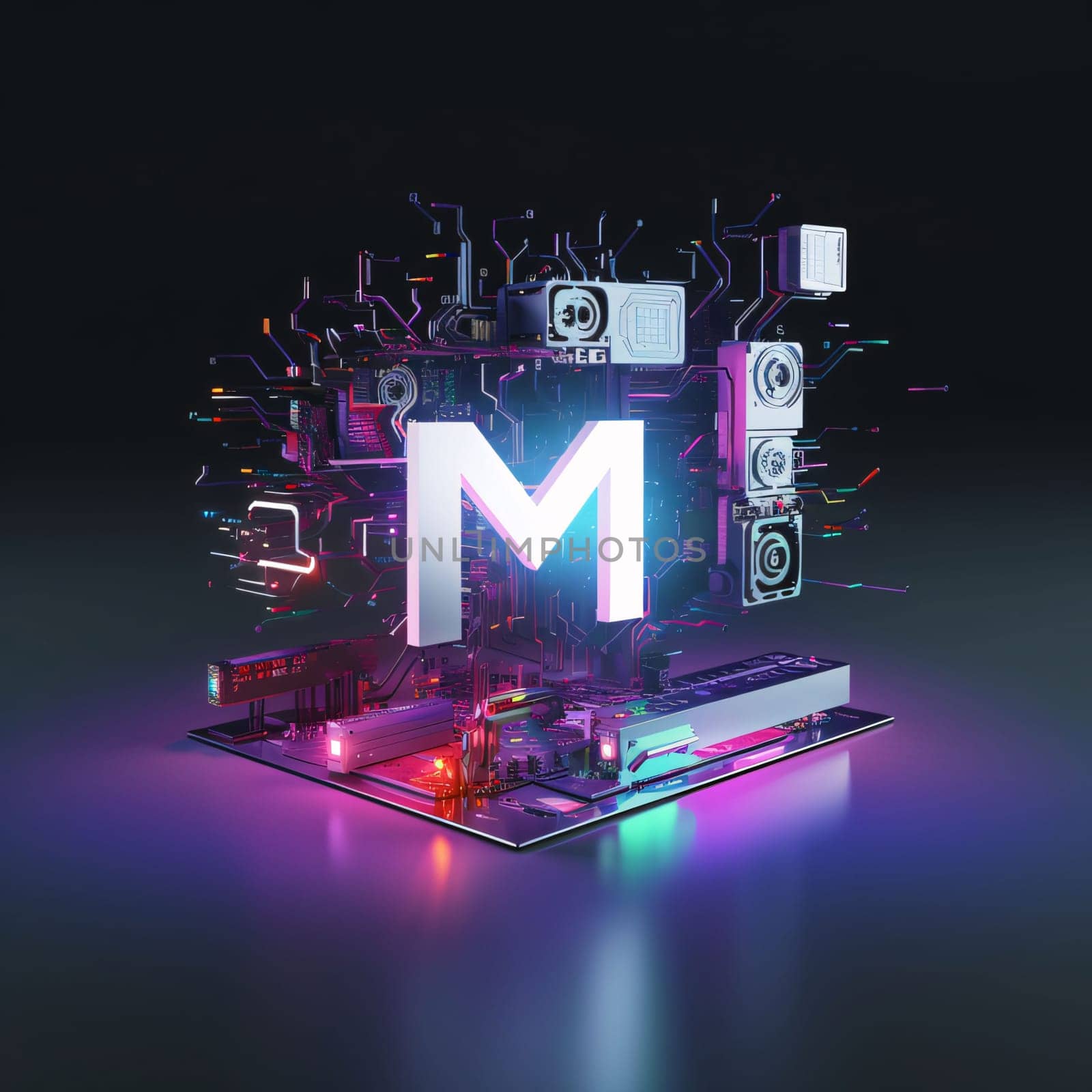 Graphic alphabet letters: Laptop with letter M on the screen, 3d rendering. Computer digital drawing.