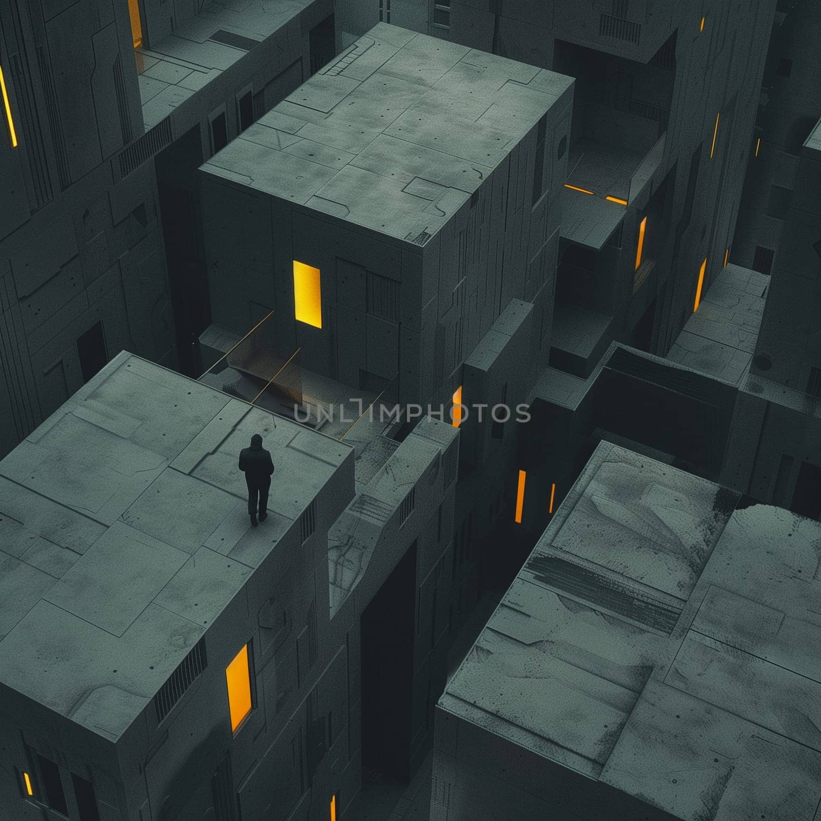 The city is in gray colors. Yellow windows, a man wandering the streets. High quality illustration