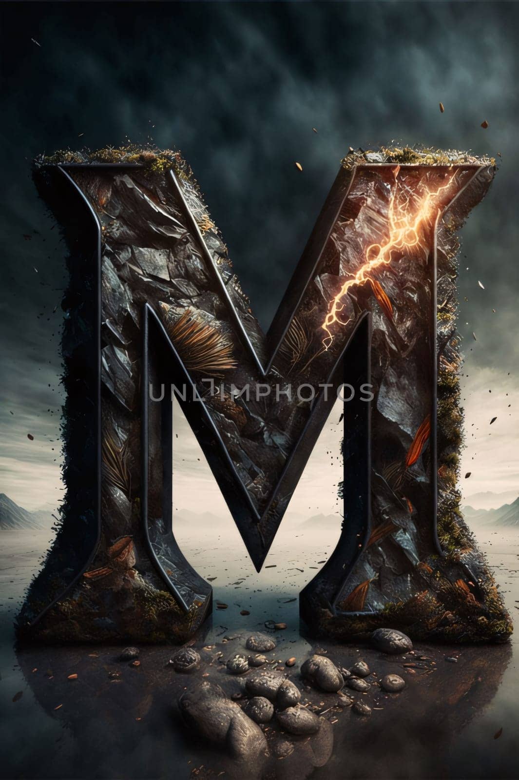 Graphic alphabet letters: Stone letter M with lightning effect, 3D render. Fantasy alphabet