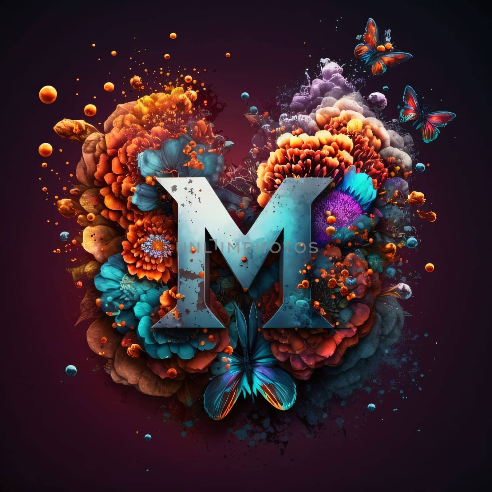 Graphic alphabet letters: Letter M made of colorful flowers and butterflies. 3D rendering.