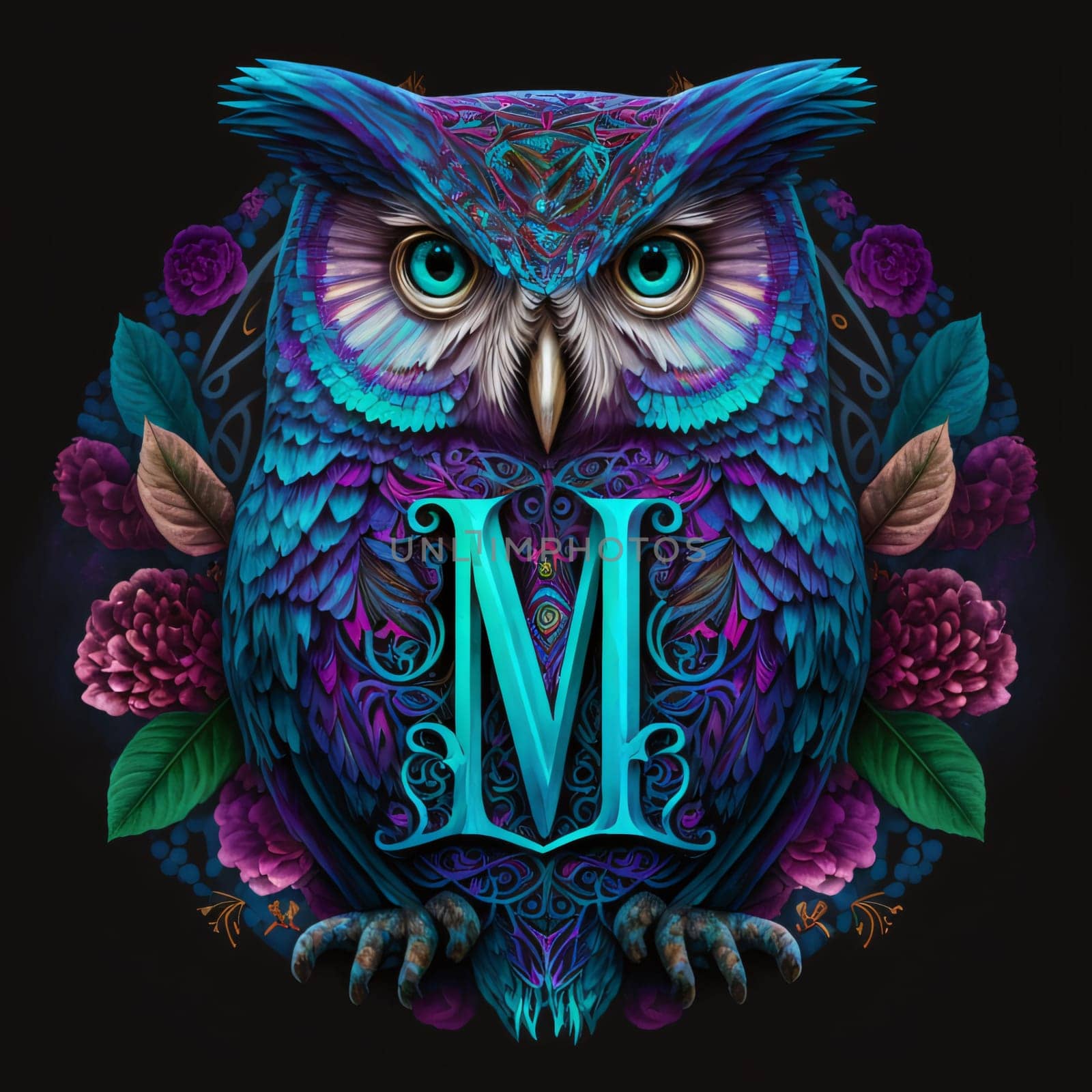 Graphic alphabet letters: Owl with letter M. Tattoo design. Vector illustration.