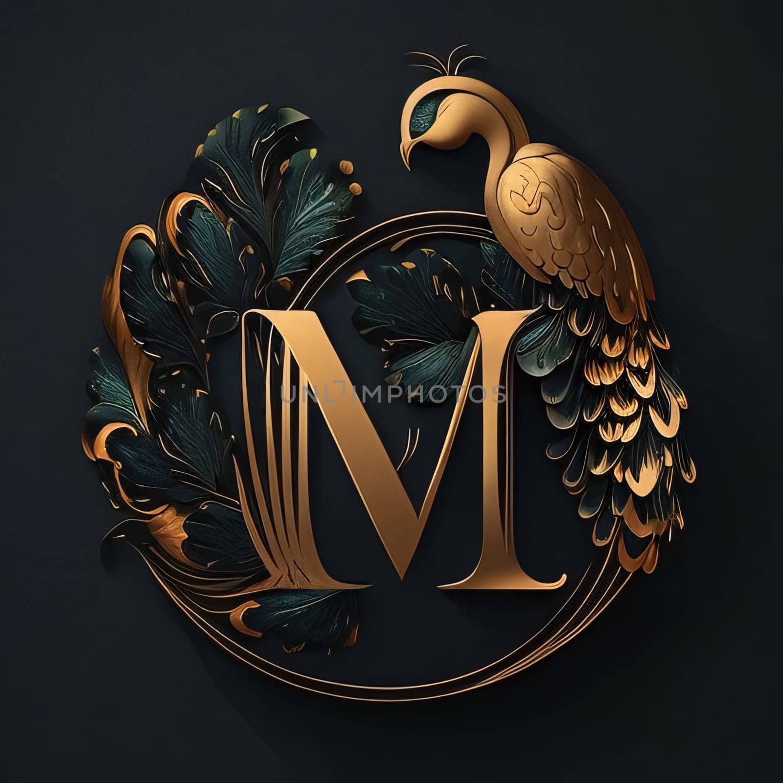 Graphic alphabet letters: Luxury letter M with peacock in floral frame. 3d rendering