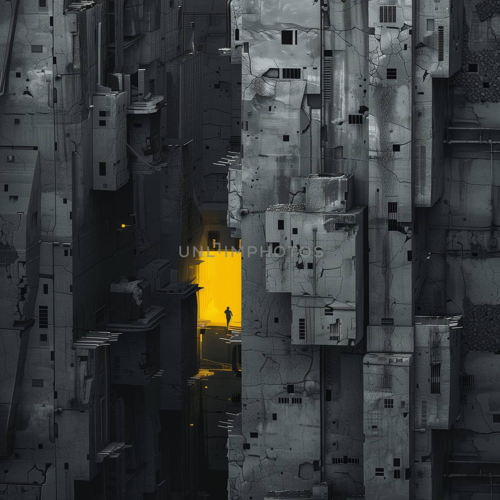 The city is in gray colors. Yellow windows, a man wandering the streets. High quality illustration