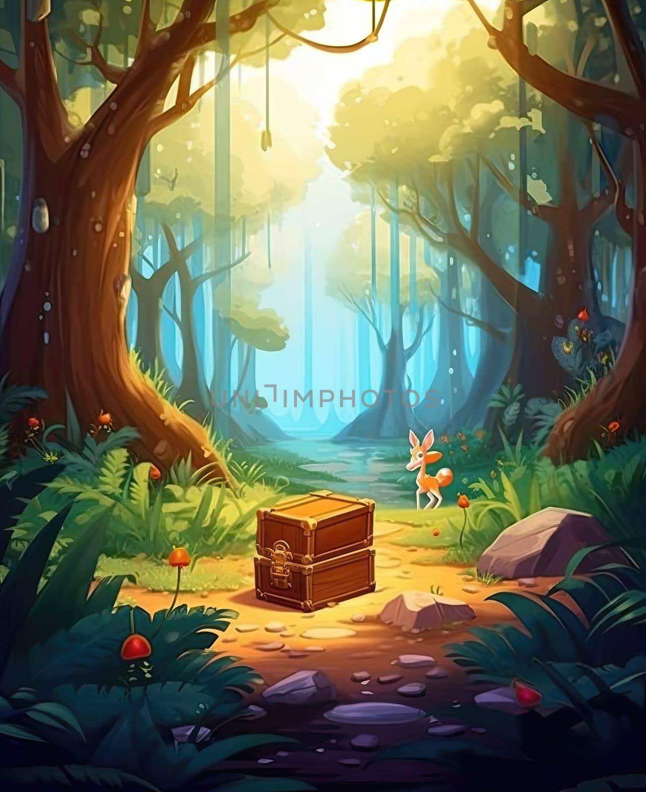 Illustration of a wooden chest in the forest.