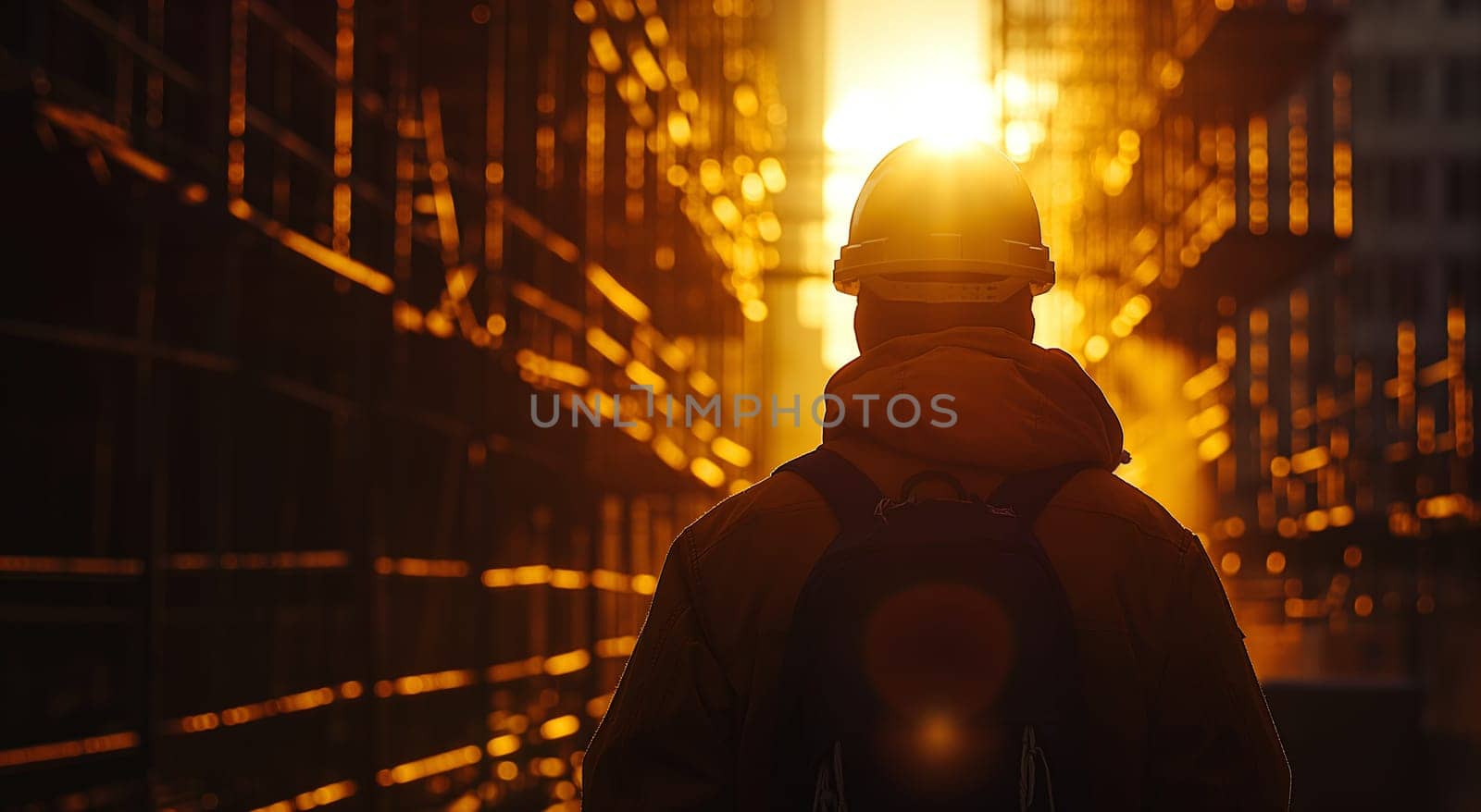 Construction Worker at Sunset Amidst Urban Scaffoldings by chrisroll