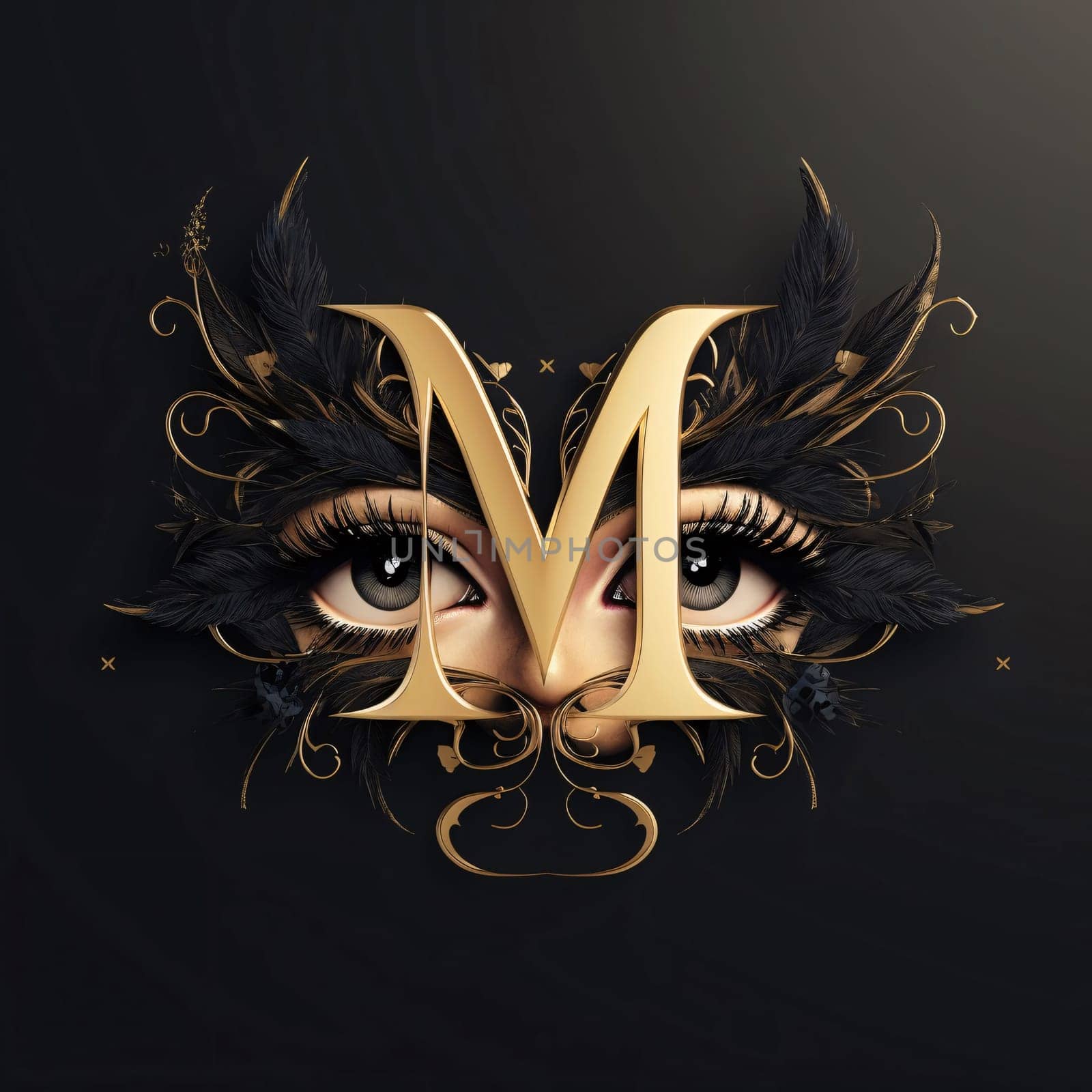 Graphic alphabet letters: Beautiful woman face with black feathers and golden letter M on black background