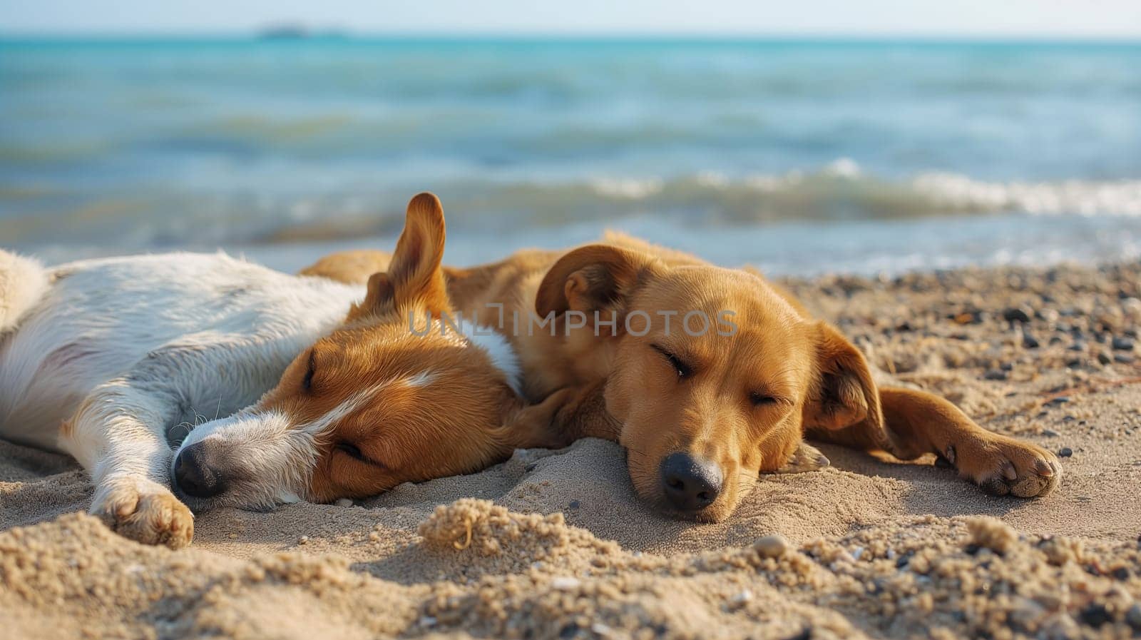 Two dogs, a brown and a white one, rest closely together on a sandy beach, with softly blurred waves providing a tranquil backdrop - Generative AI