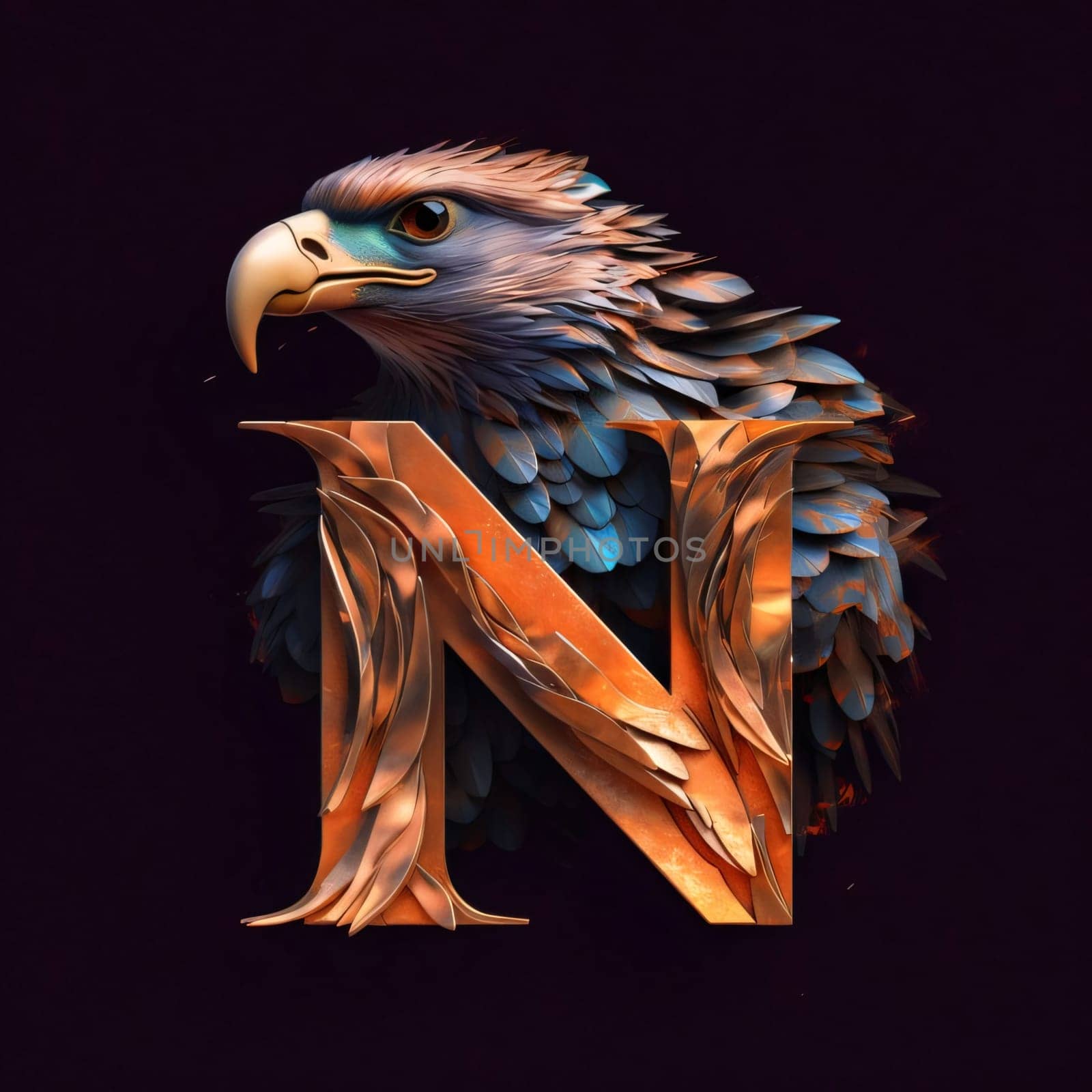 Graphic alphabet letters: 3d rendering of the letter N in the form of an eagle.