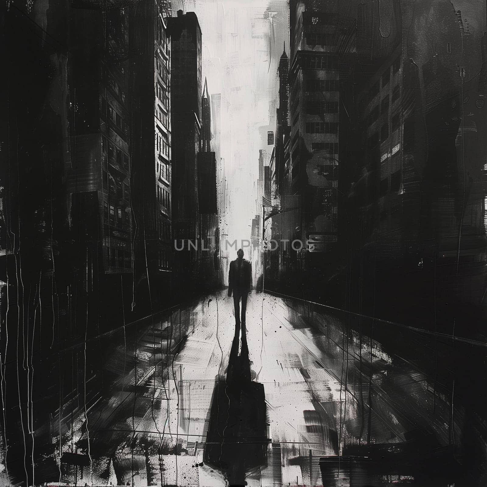 A black and white city with a lonely man in it. The poster. High quality illustration