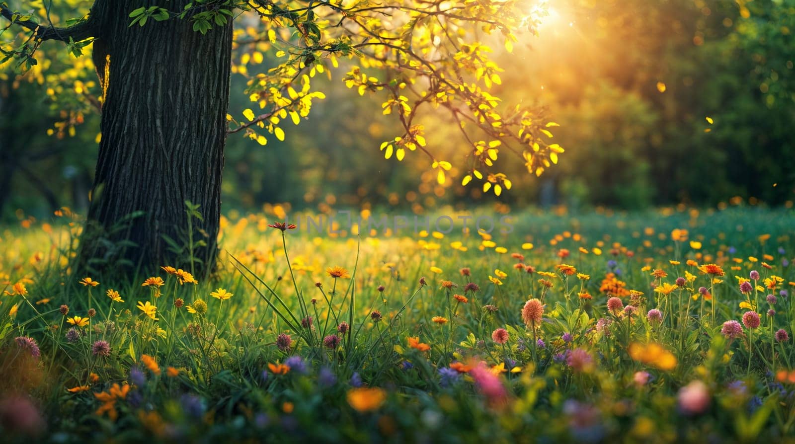 Sunlight filters through the leaves of a tree, casting a warm glow over a meadow adorned with wildflowers - Generative AI