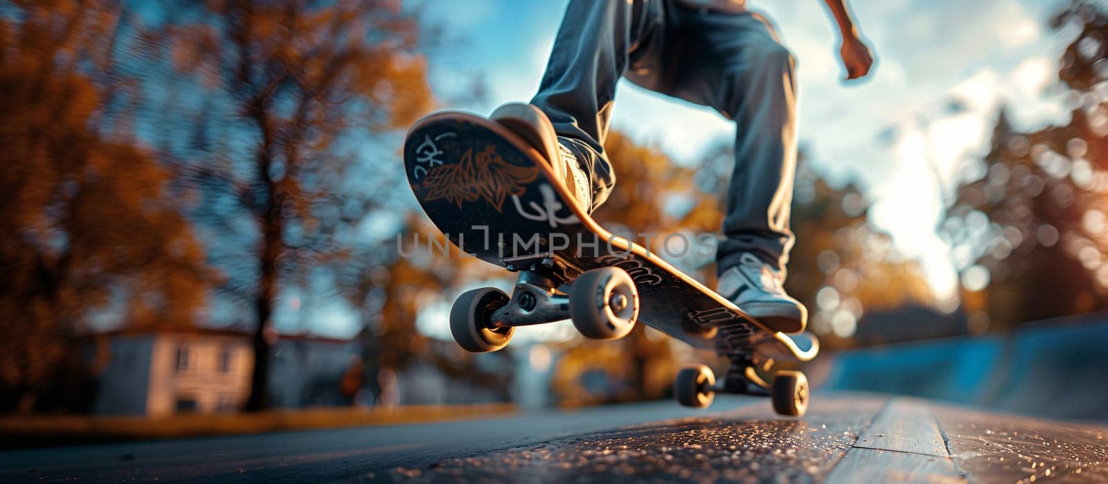 Skateboarder Performing Trick at Golden Hour in Urban Skatepark by chrisroll