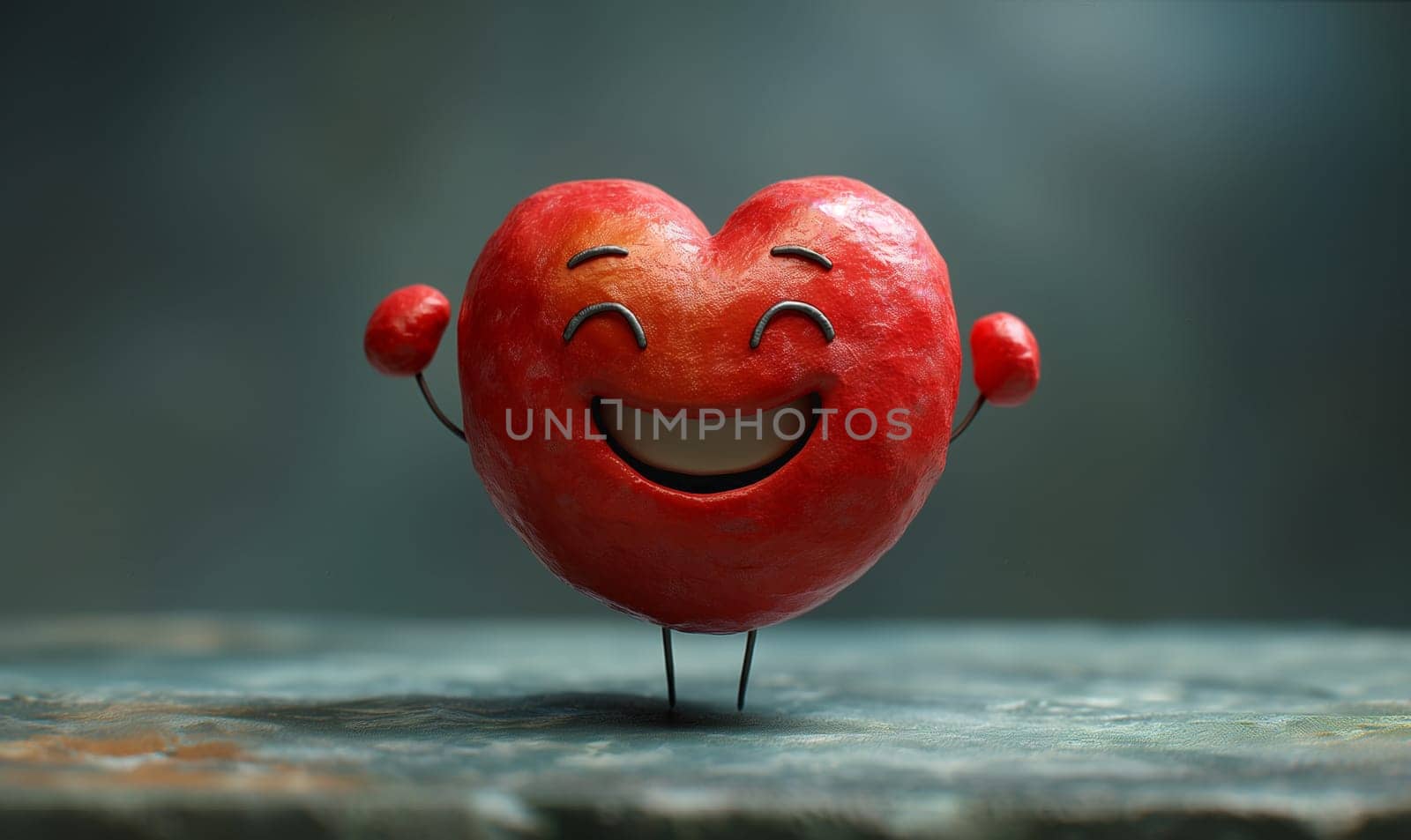 Cartoon, 3D, red heart shaped character. Selective focus.