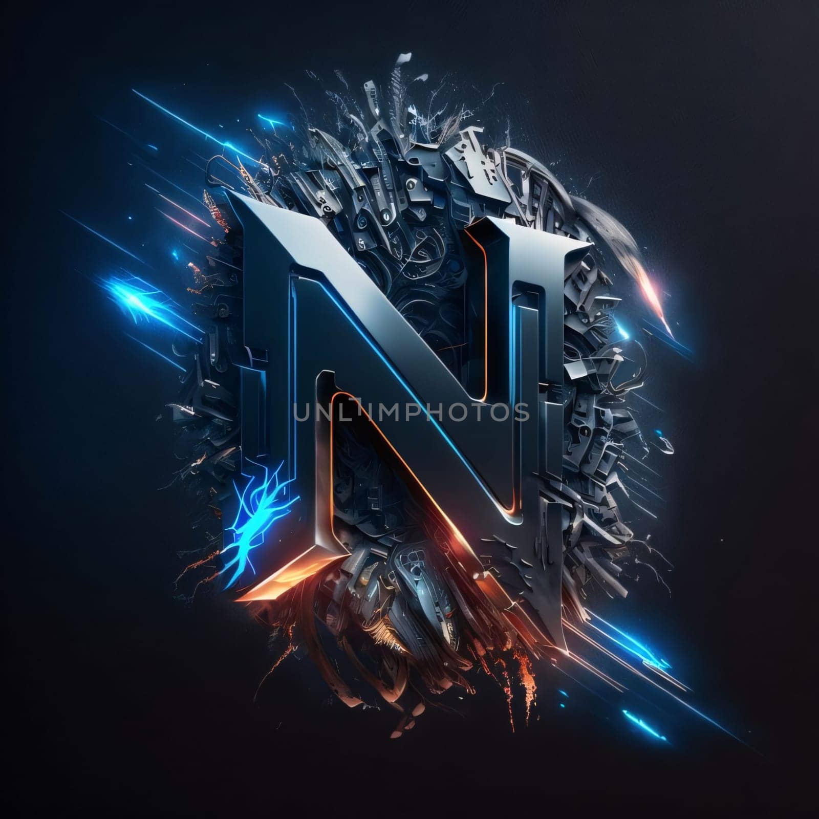 Graphic alphabet letters: N letter in futuristic style, computer generated abstract background, 3D rendering
