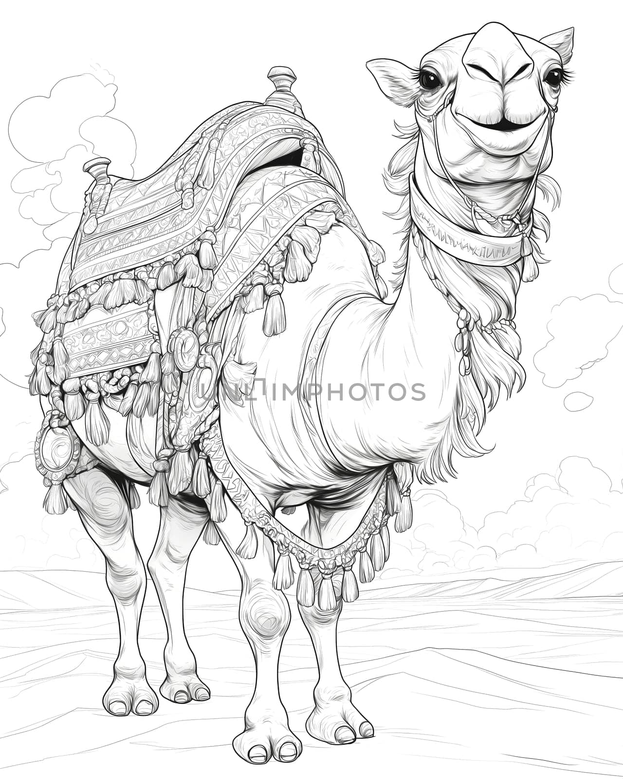 Coloring book for children, coloring animal, camel. Selective soft focus.