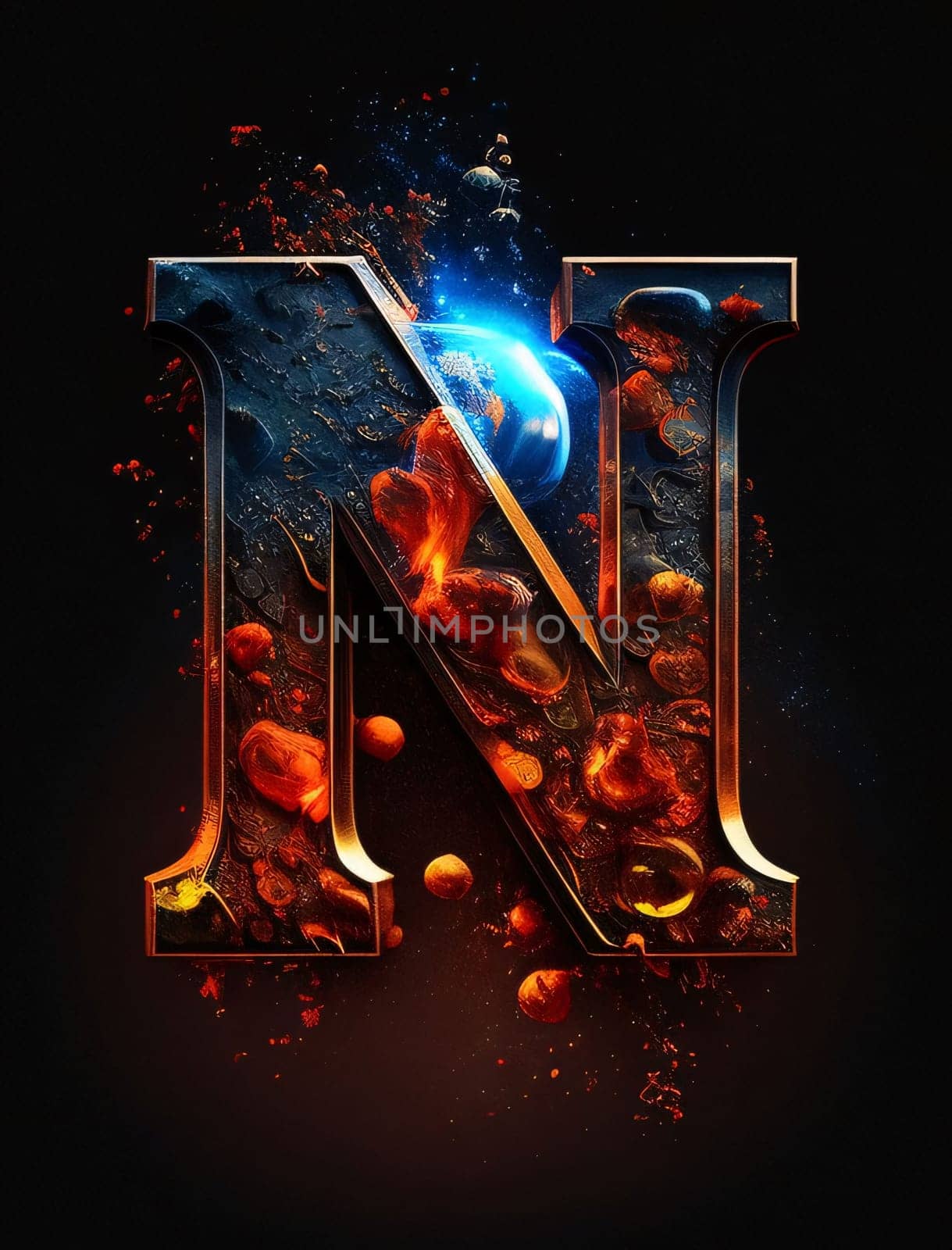 Graphic alphabet letters: Fiery letter N uppercase with blue flames and smoke isolated on black background