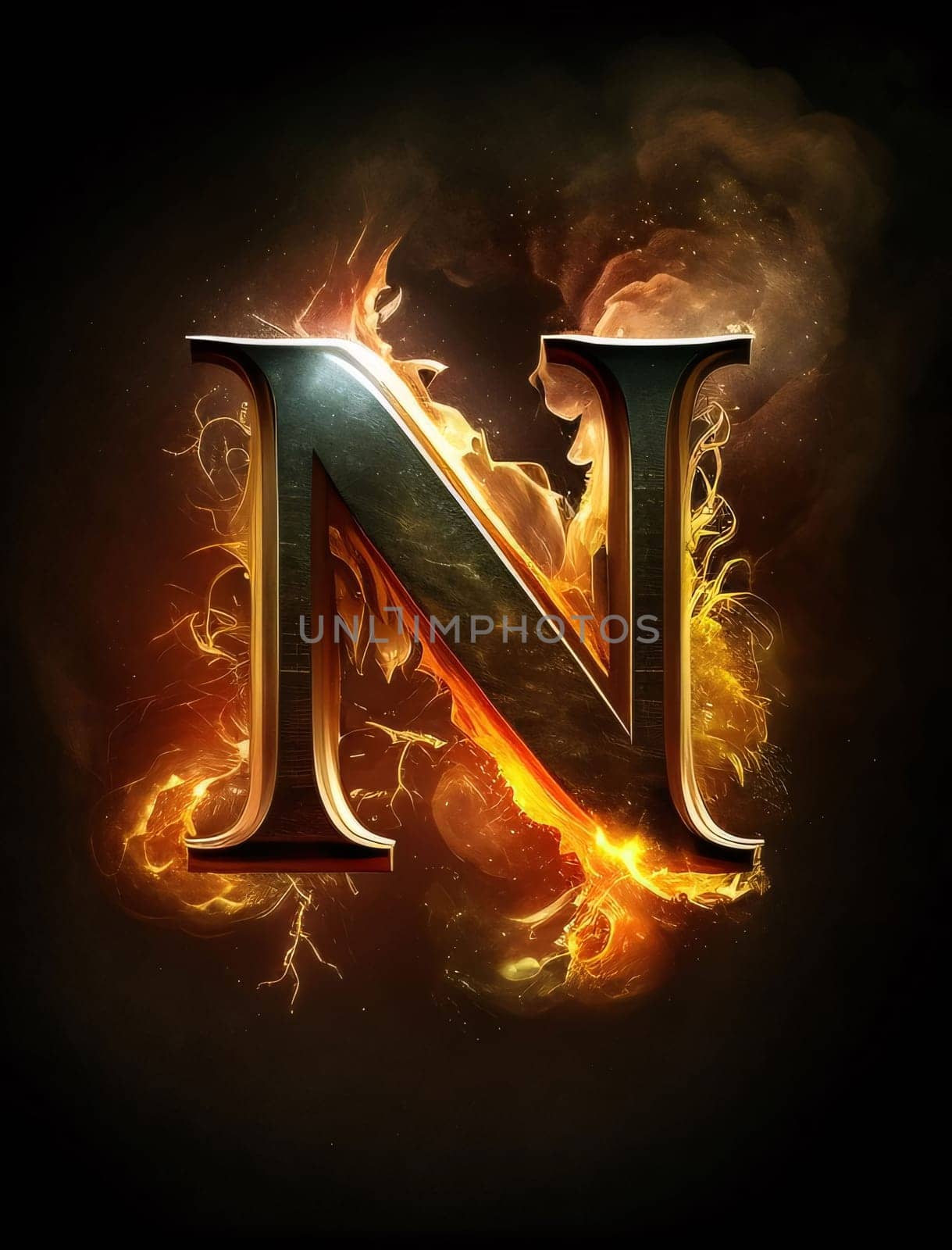 Graphic alphabet letters: Fiery letter N in the style of fire with flames and smoke