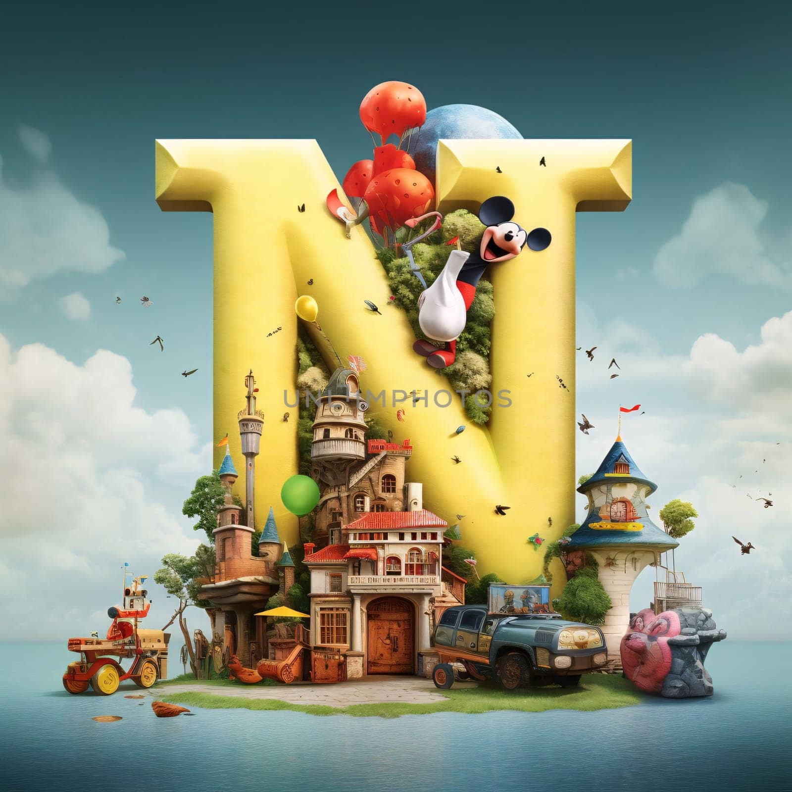 Graphic alphabet letters: The letter N in the form of a fairy tale with a castle, trees, childrens toys and animals