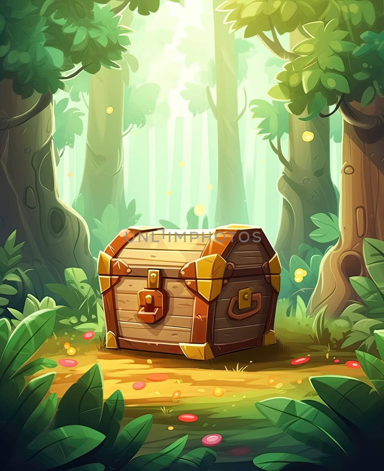 Illustration of a wooden chest in the forest.