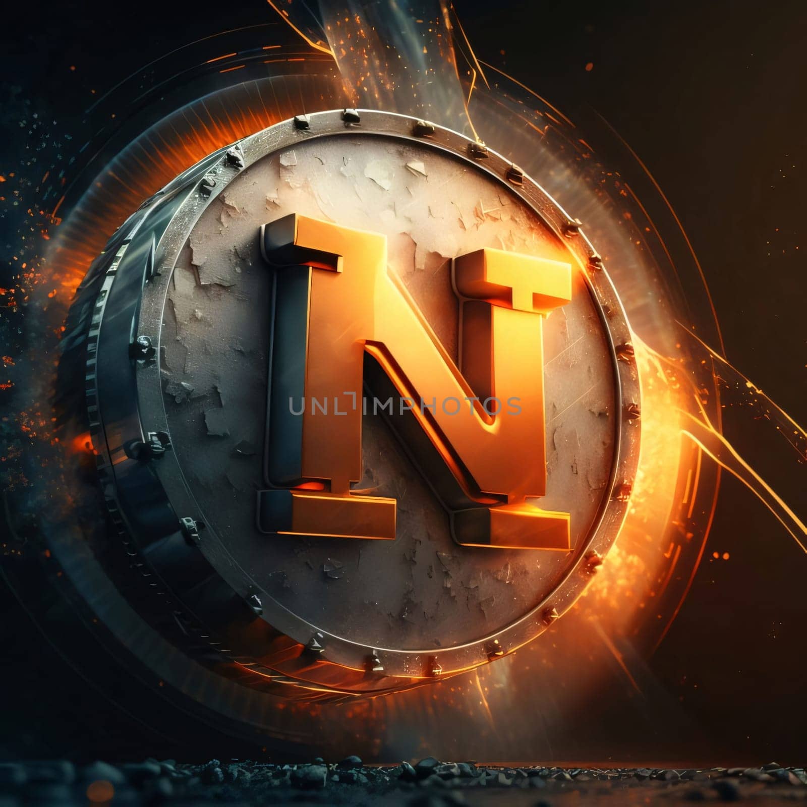 Graphic alphabet letters: N letter in a metal box. 3D rendering, 3d illustration.