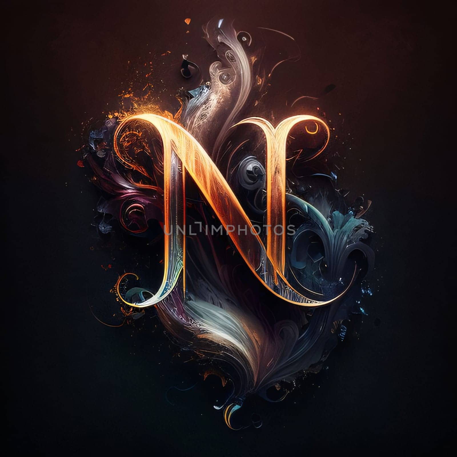 Graphic alphabet letters: 3d rendering of letter N in abstract fractal design on dark background