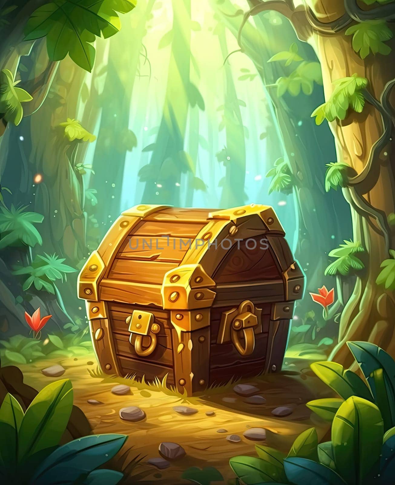 Illustration of a wooden chest in the forest.