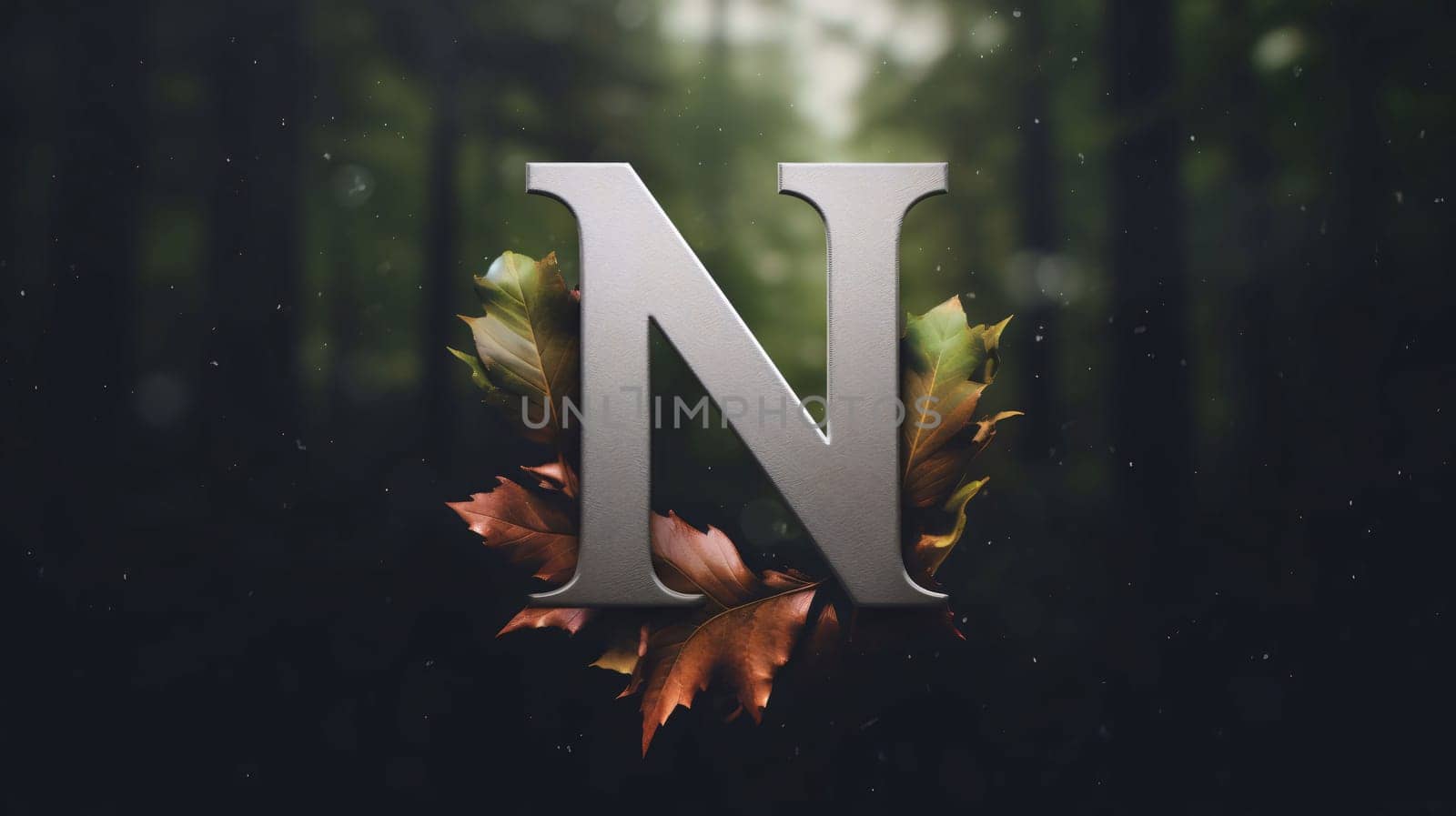 N letter with autumn leaves in the forest. 3d rendering. by ThemesS