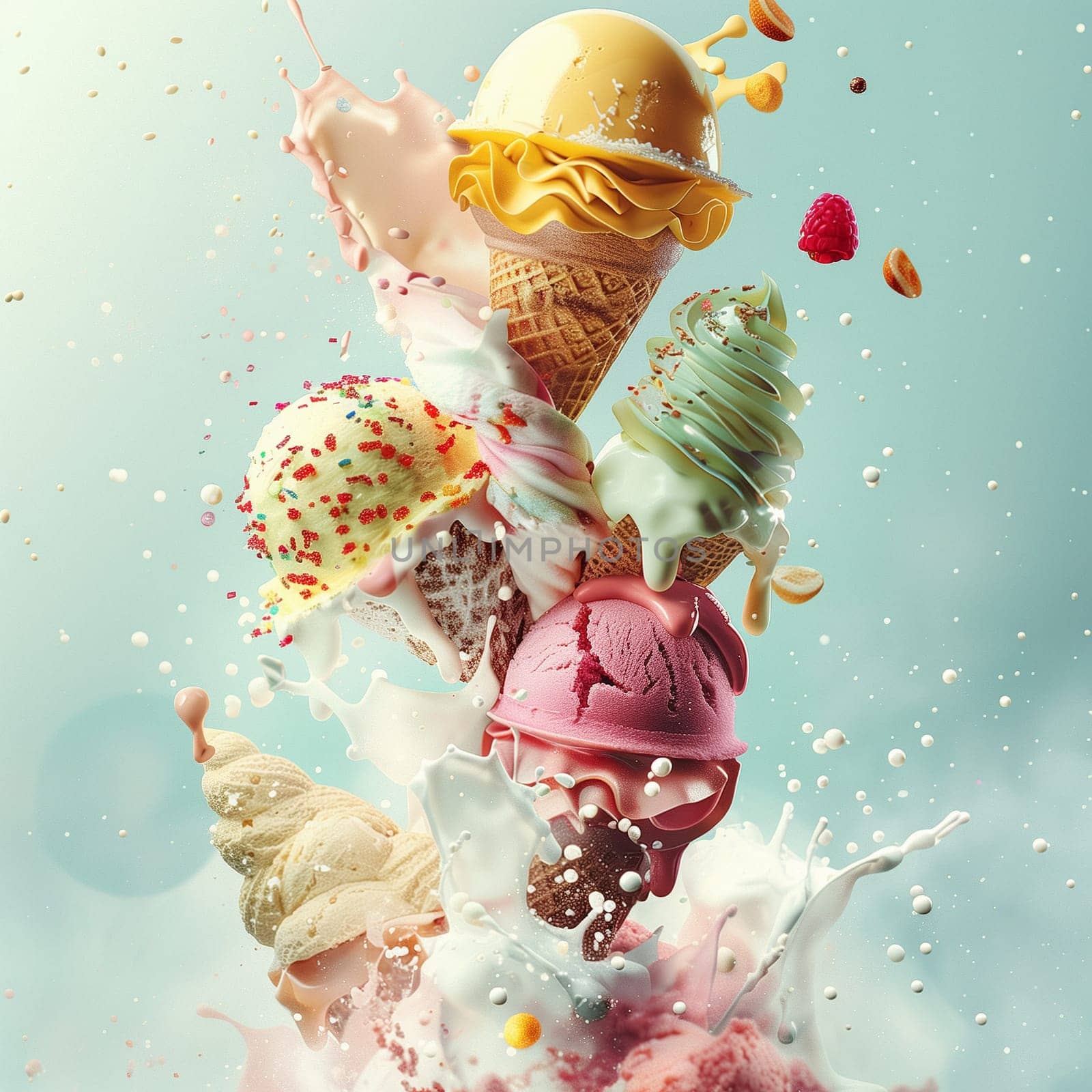 Lots of delicious and beautiful ice cream. Summer dessert. Poster, menu. High quality photo