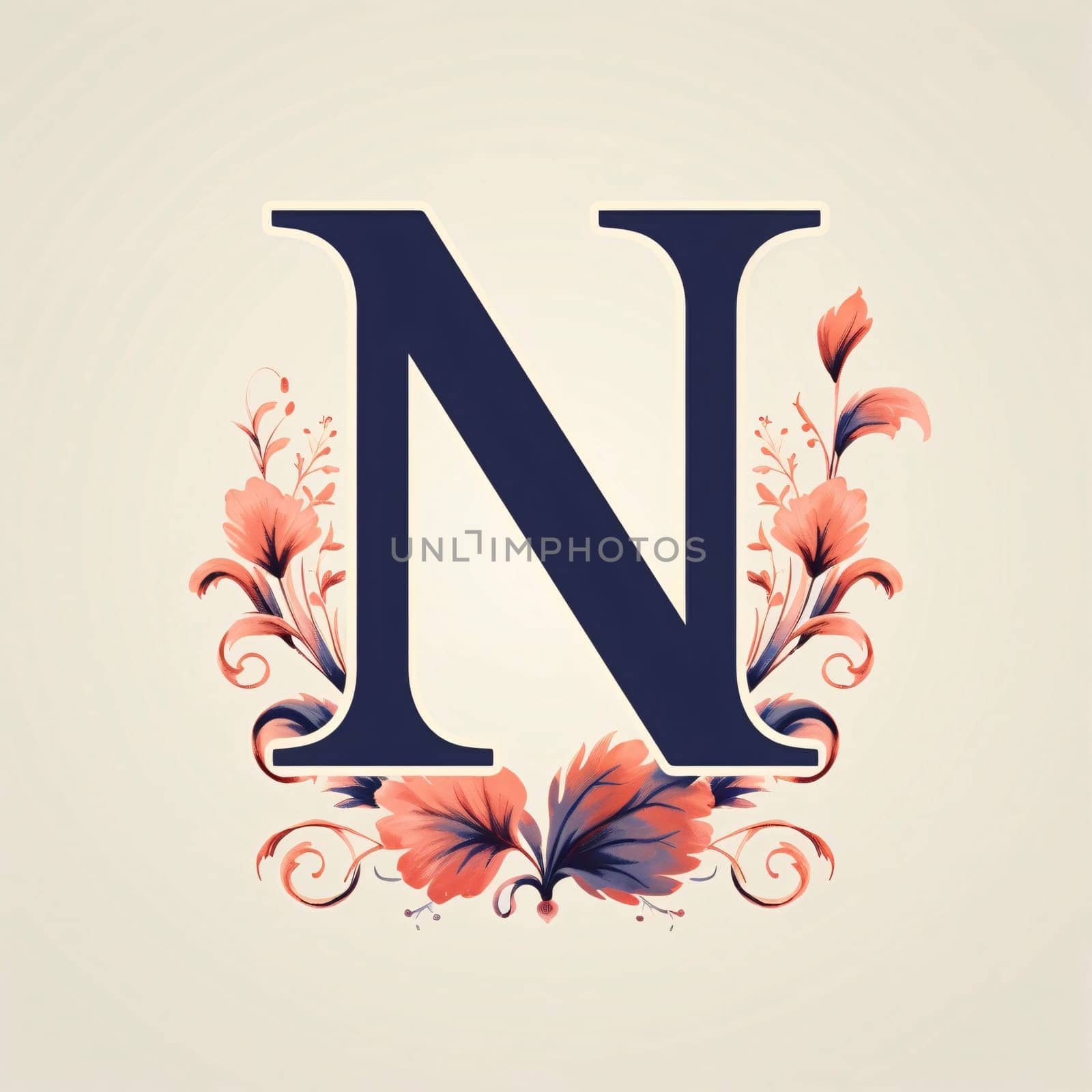 Graphic alphabet letters: Vintage letter N with floral ornament. Can be used as monogram, icon, label, emblem, element.