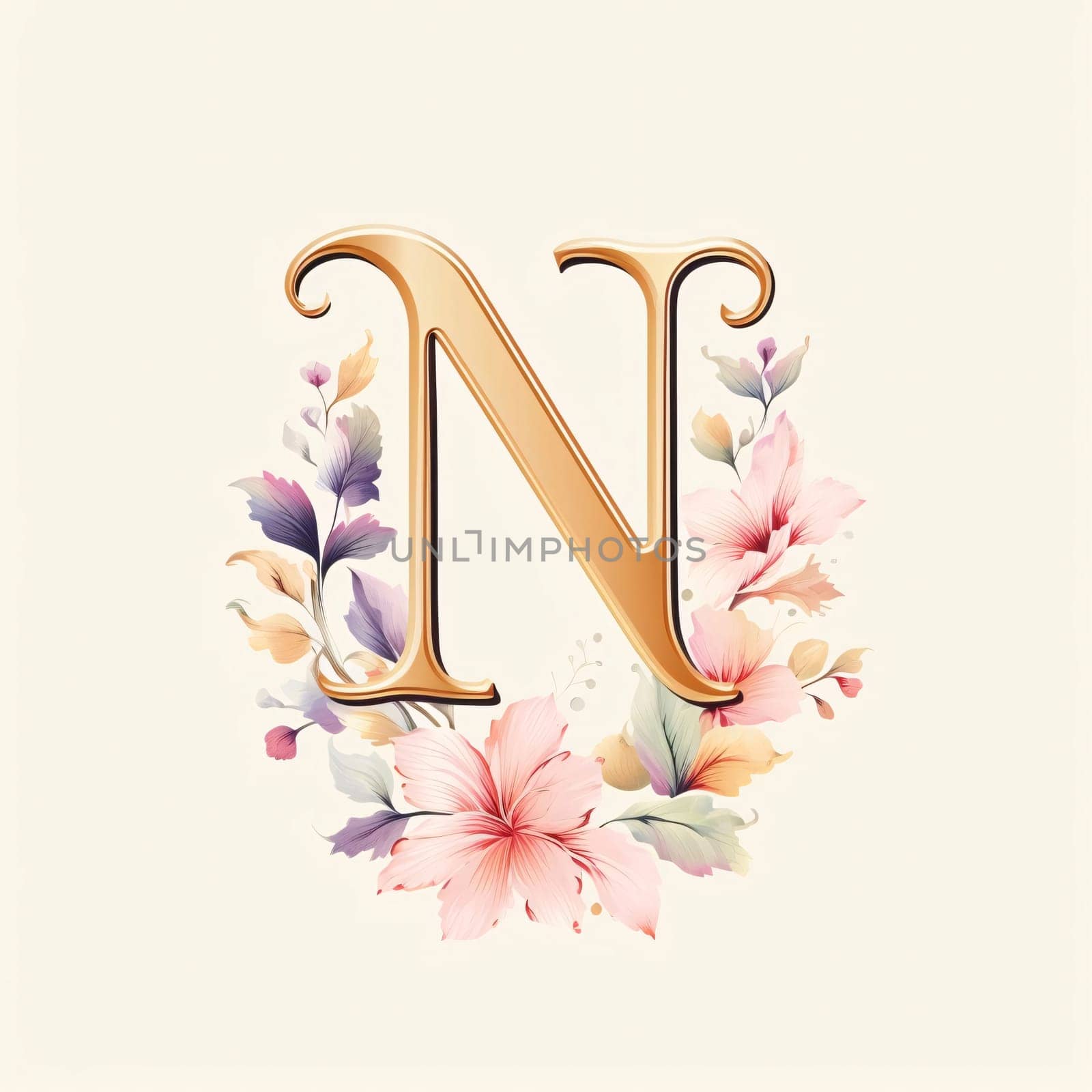 Graphic alphabet letters: Letter N with floral ornament. Floral font. Vector illustration.