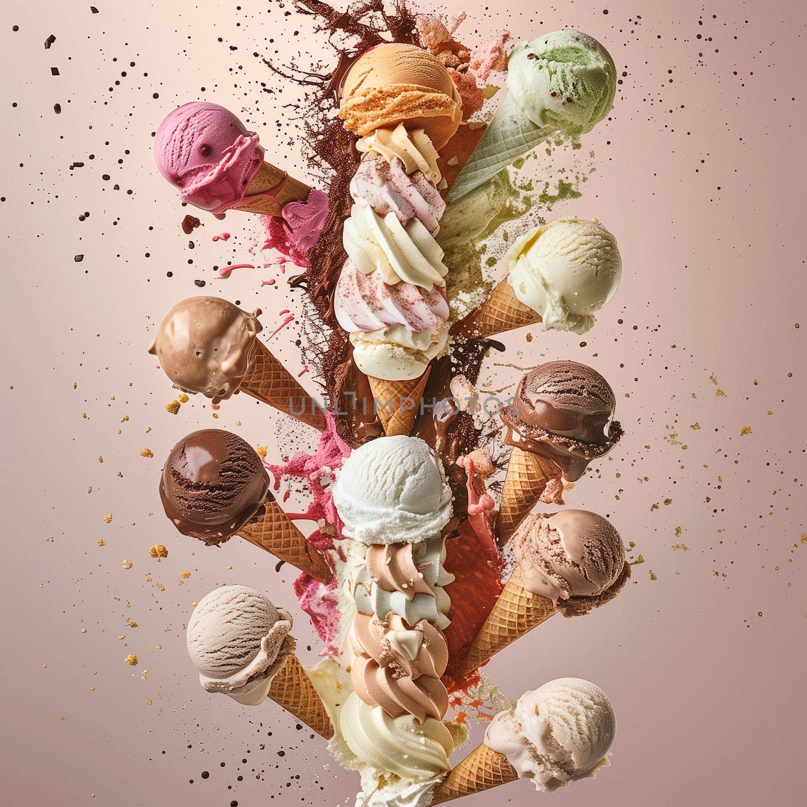 Lots of delicious and beautiful ice cream. Summer dessert. Poster, menu. High quality photo