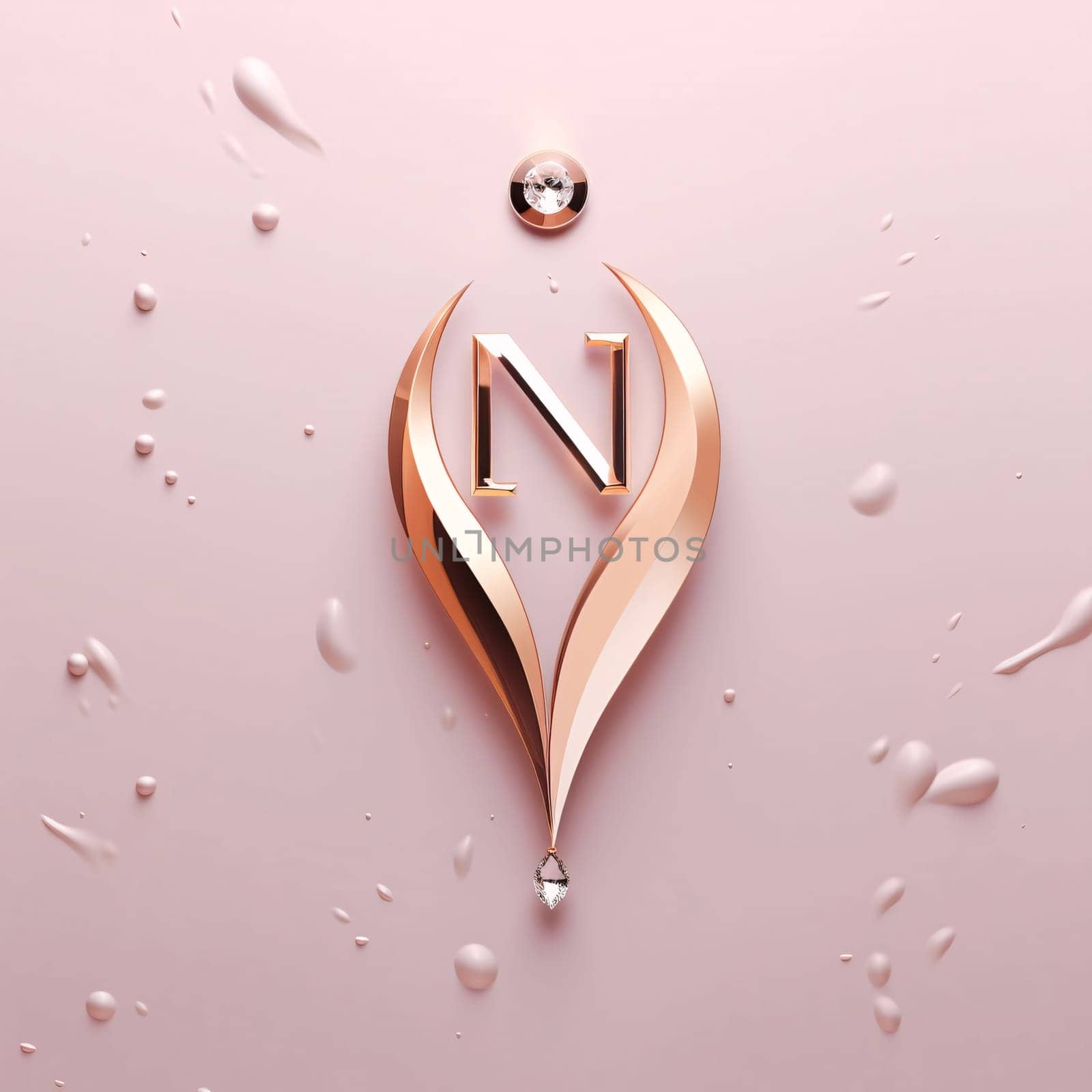 Graphic alphabet letters: 3D illustration. Golden letter N on a pink background with drops.