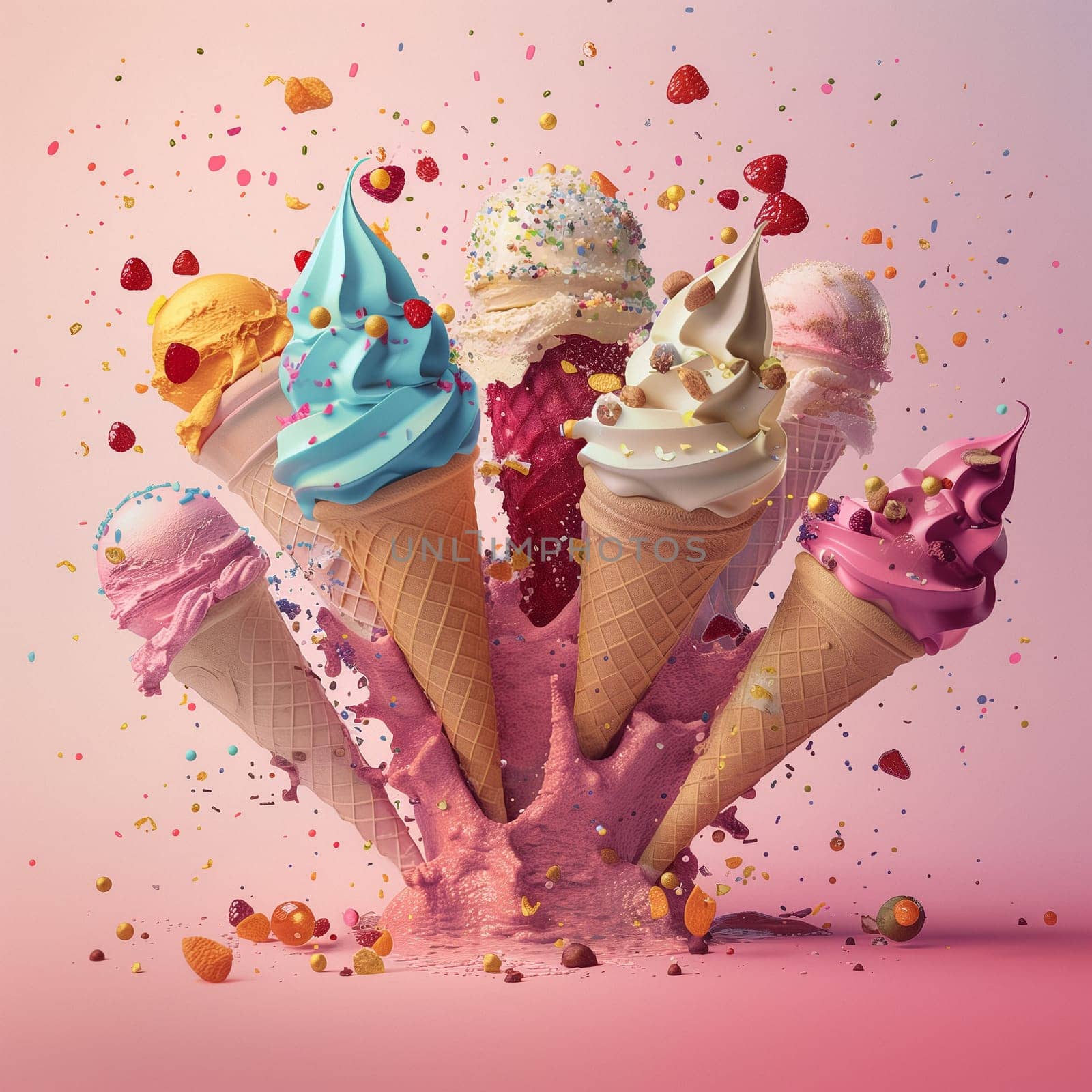 Lots of delicious and beautiful ice cream. Summer dessert. Poster, menu. High quality photo