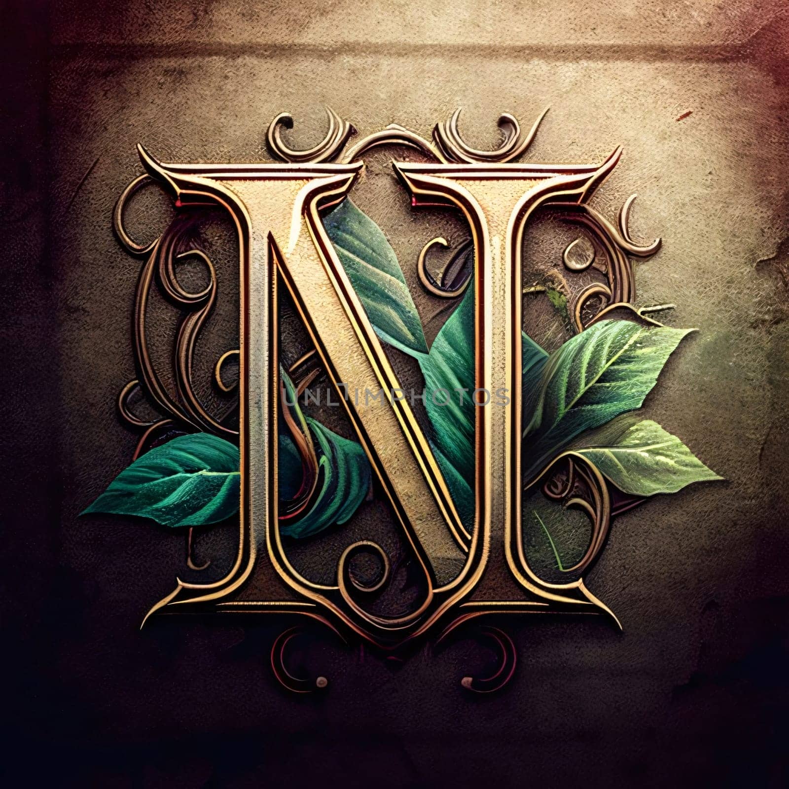 Graphic alphabet letters: Vintage initials letter N with leaves. Design template elements for your application or corporate identity.