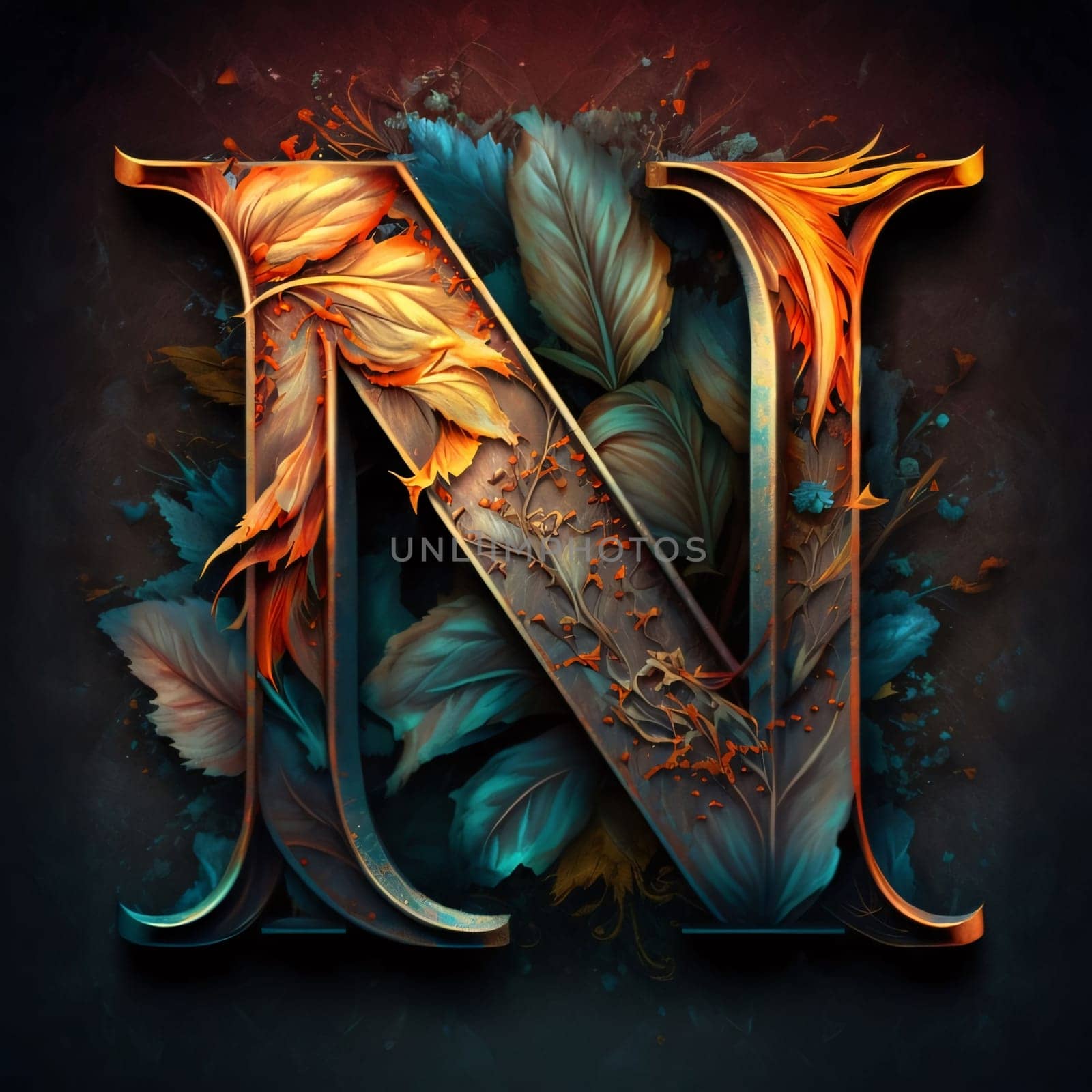 Graphic alphabet letters: Vintage floral capital letter N with grunge texture. 3d render