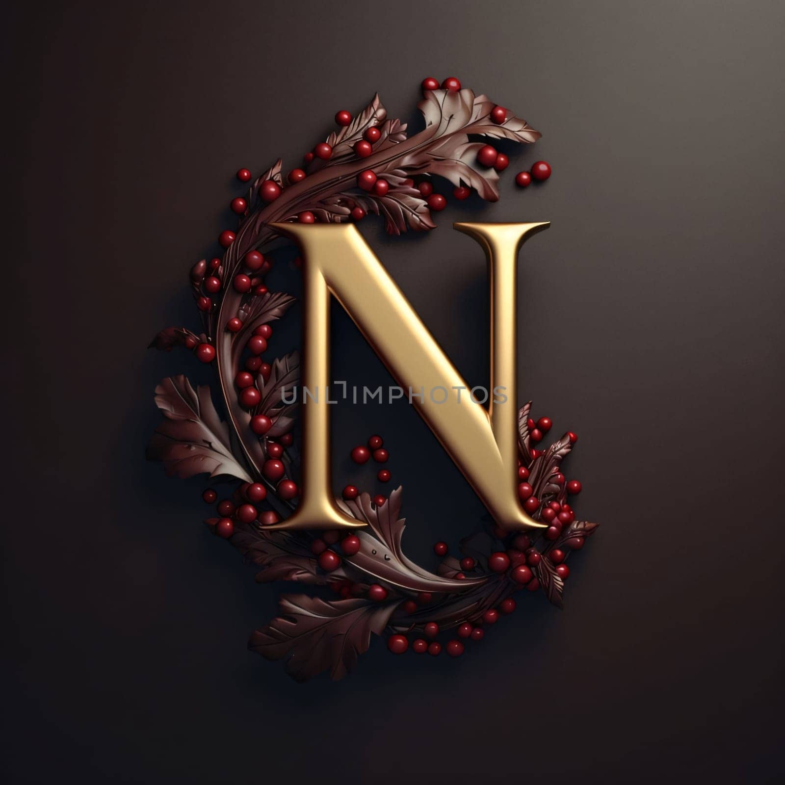 Graphic alphabet letters: Luxury golden letter N with leaves and berries. 3D rendering