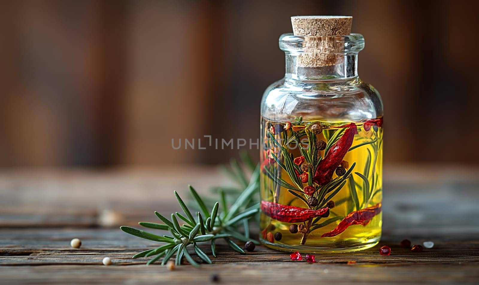 Bottle of Olive Oil and Spices on Wooden Table. Selective soft focus.