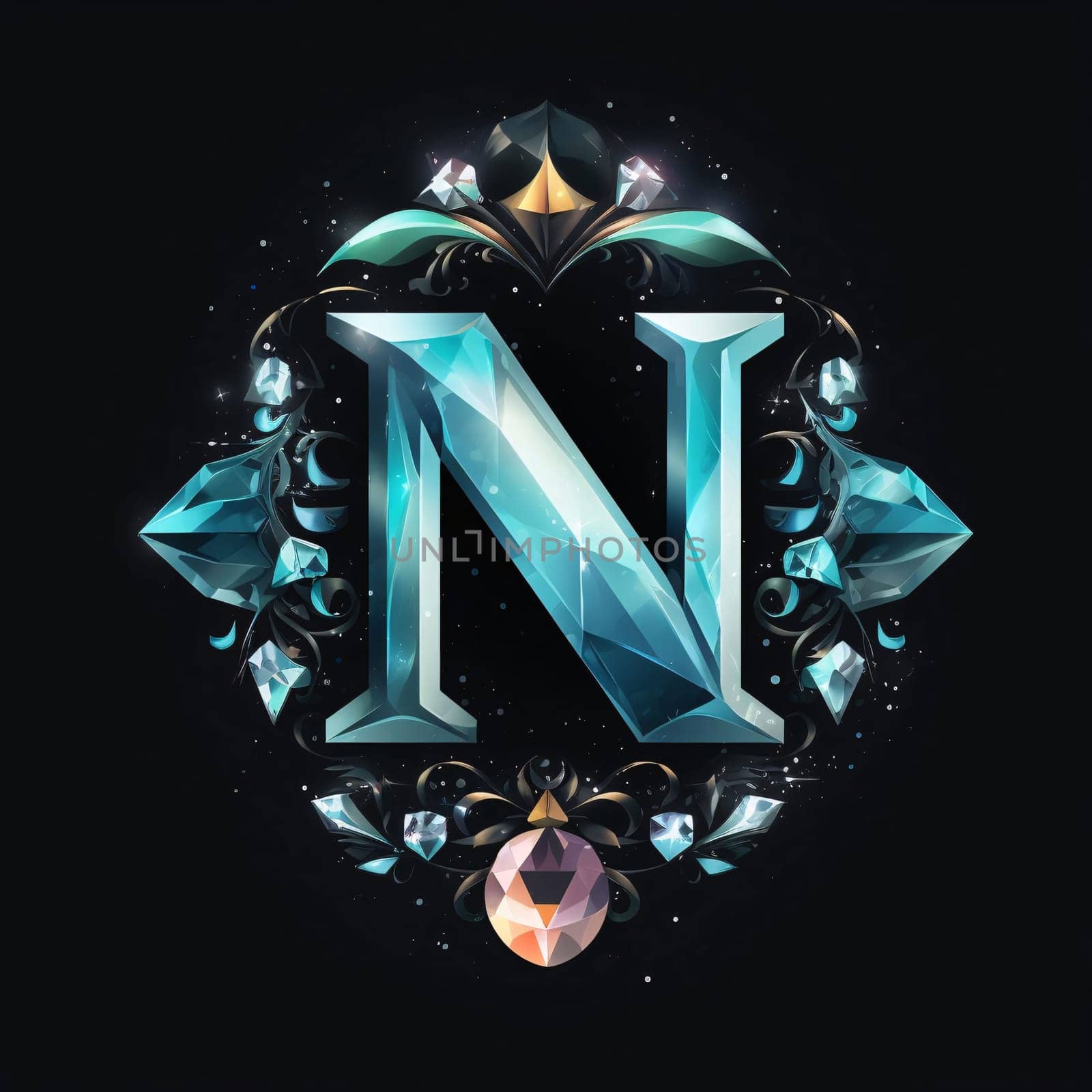 Graphic alphabet letters: Luxury diamond letter N on black background. Vector illustration.