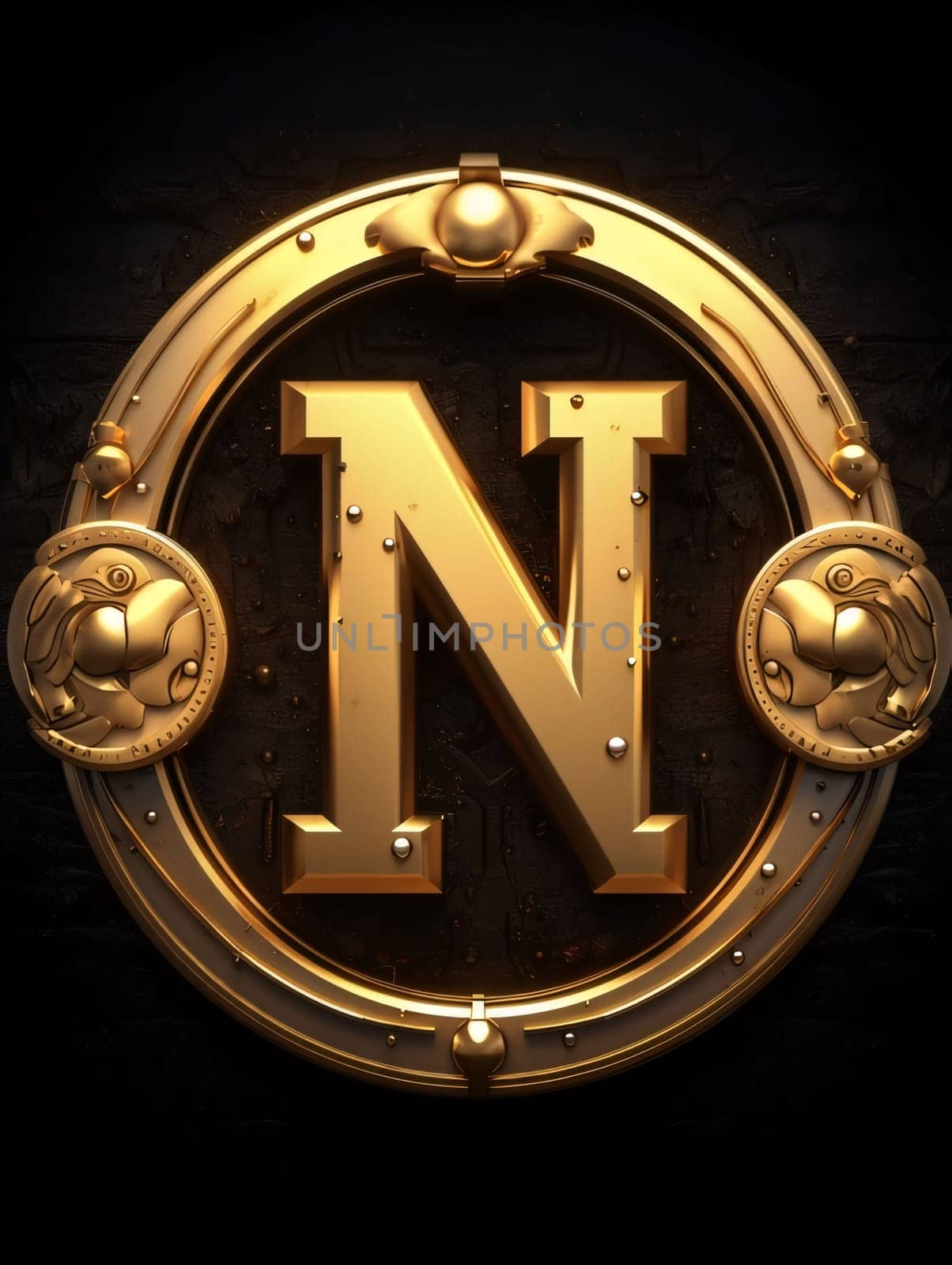 Graphic alphabet letters: Golden letter N in the form of a shield on a dark background