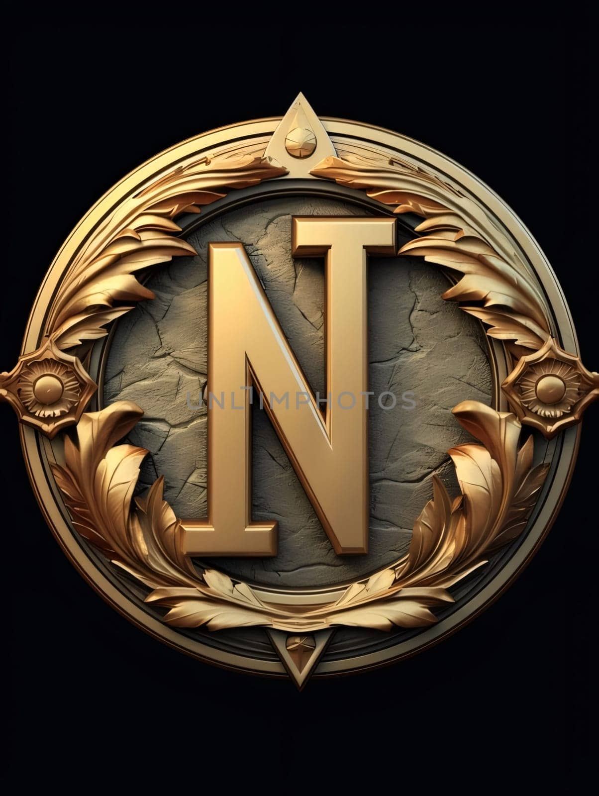 Golden letter N with ornament on black background. 3d illustration. by ThemesS