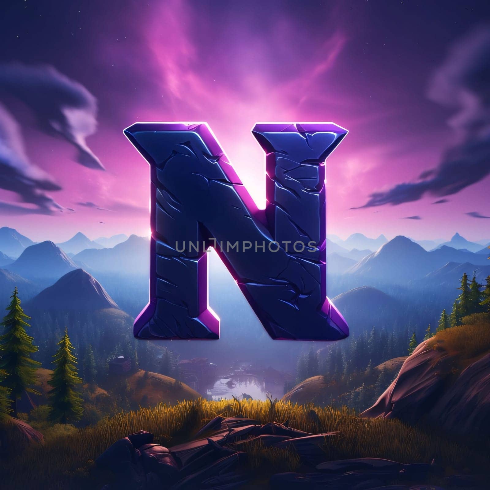 Graphic alphabet letters: letter n in the mountains. 3d render of alphabets