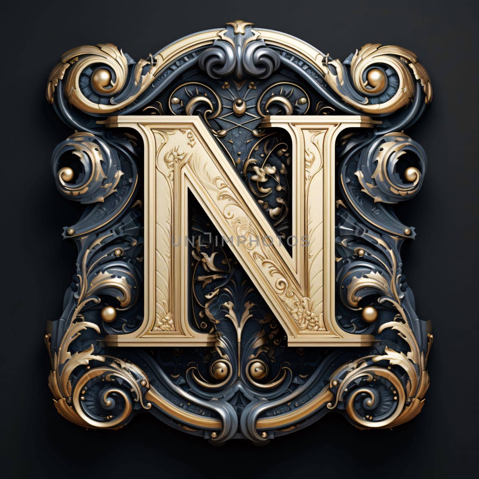Graphic alphabet letters: Luxury royal capital letter N on a black background. 3d render