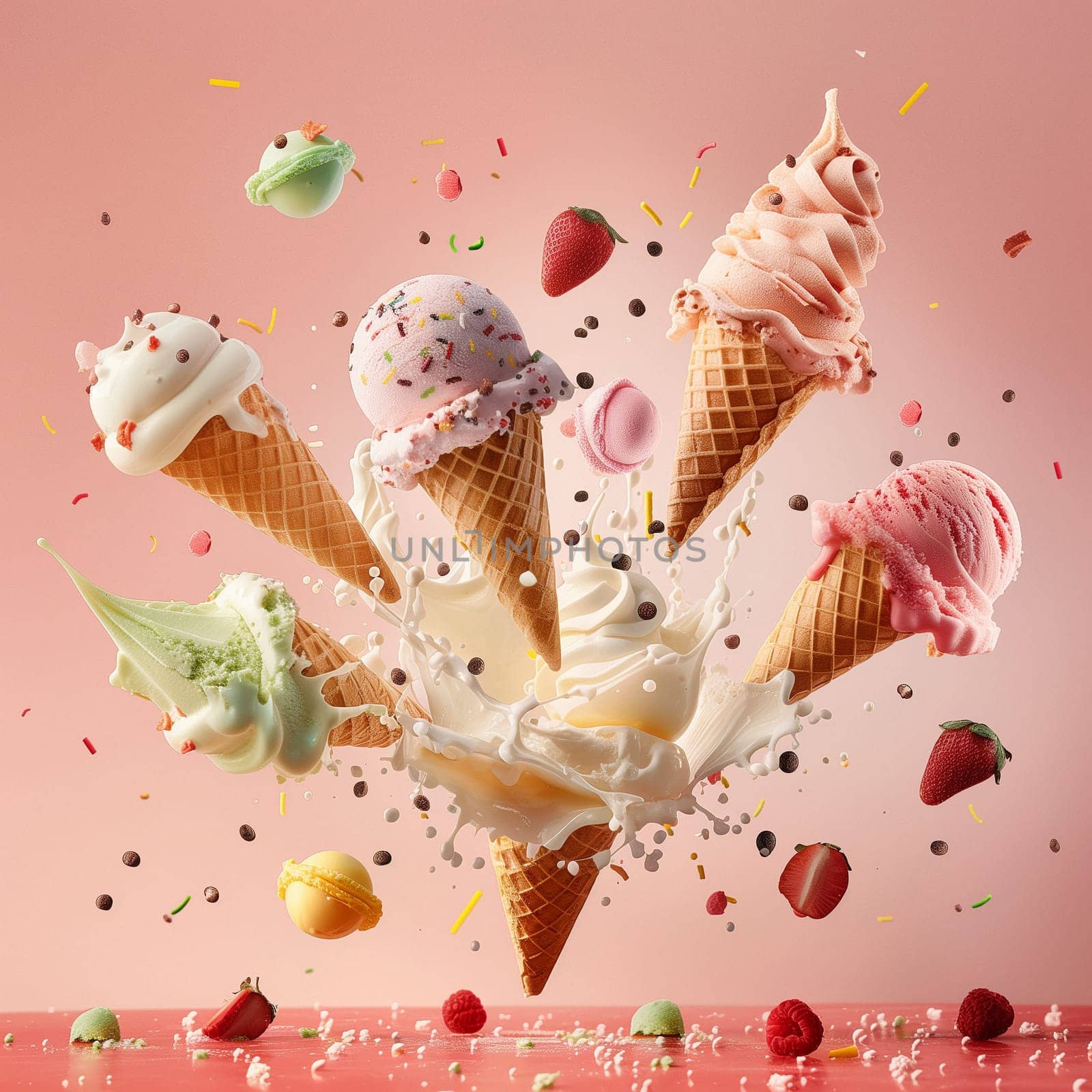 Lots of delicious and beautiful ice cream. Summer dessert. Poster, menu. High quality photo