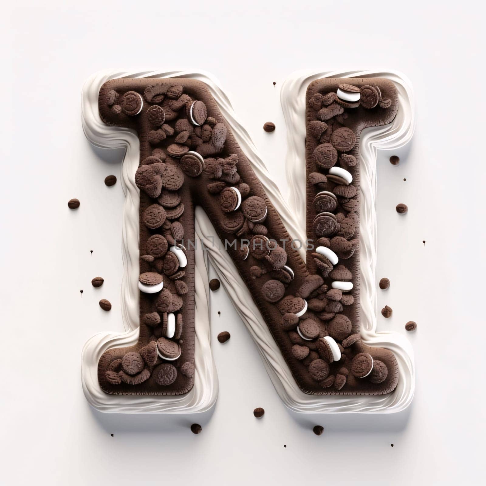 Graphic alphabet letters: Alphabet letter N decorated with chocolate cookies on white background. 3D rendering