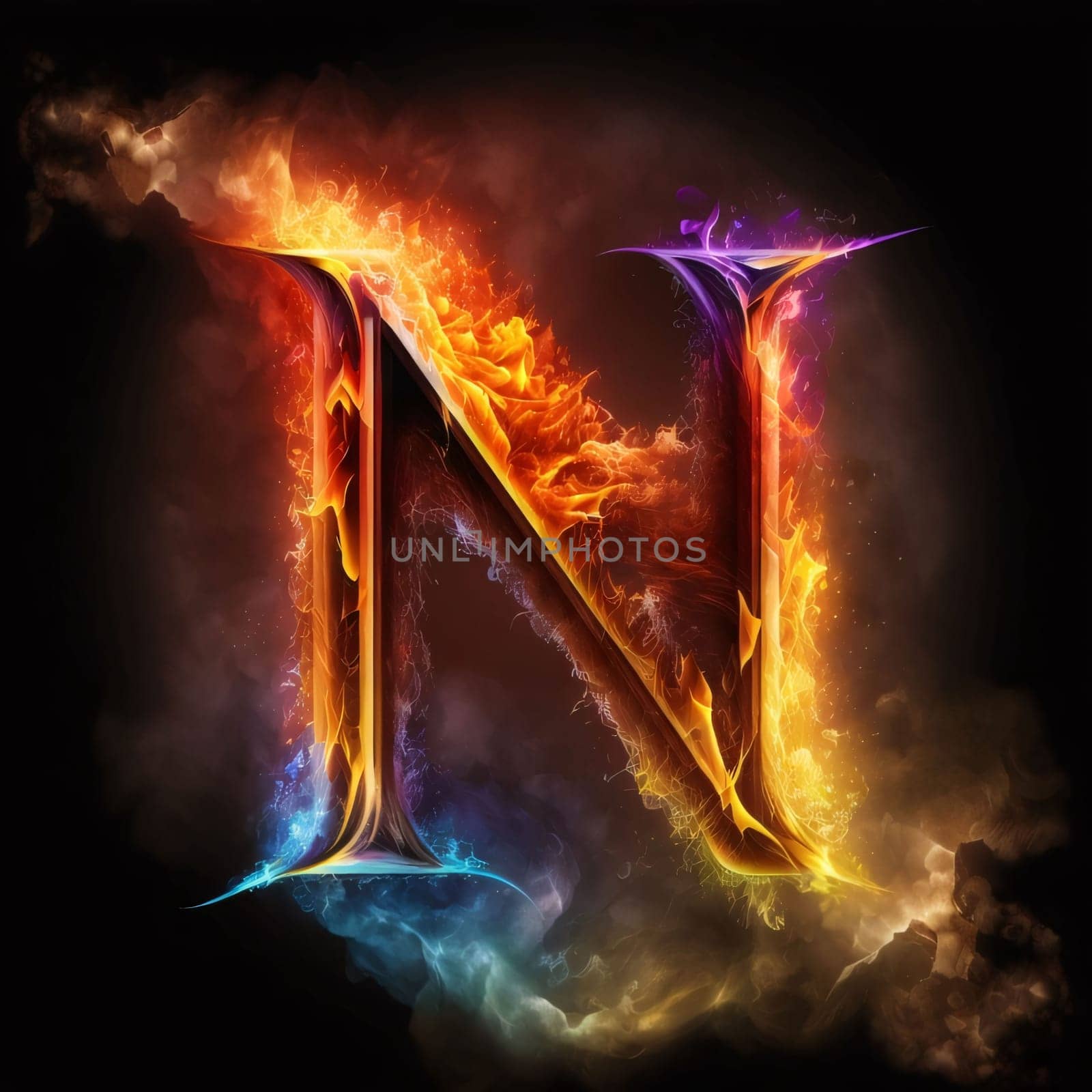 Graphic alphabet letters: Fiery letter N in fire and smoke, isolated on black background