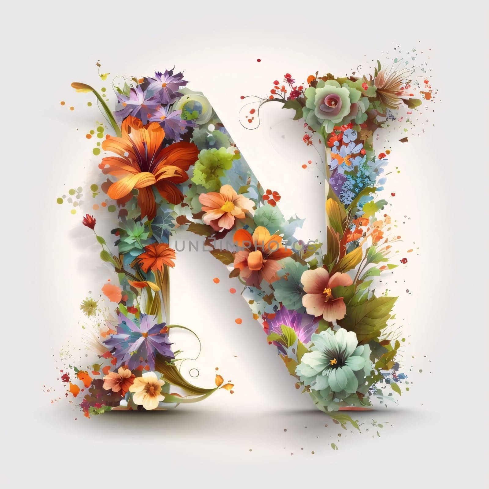 Graphic alphabet letters: Floral letter - N, spring alphabet with flowers and leaves.