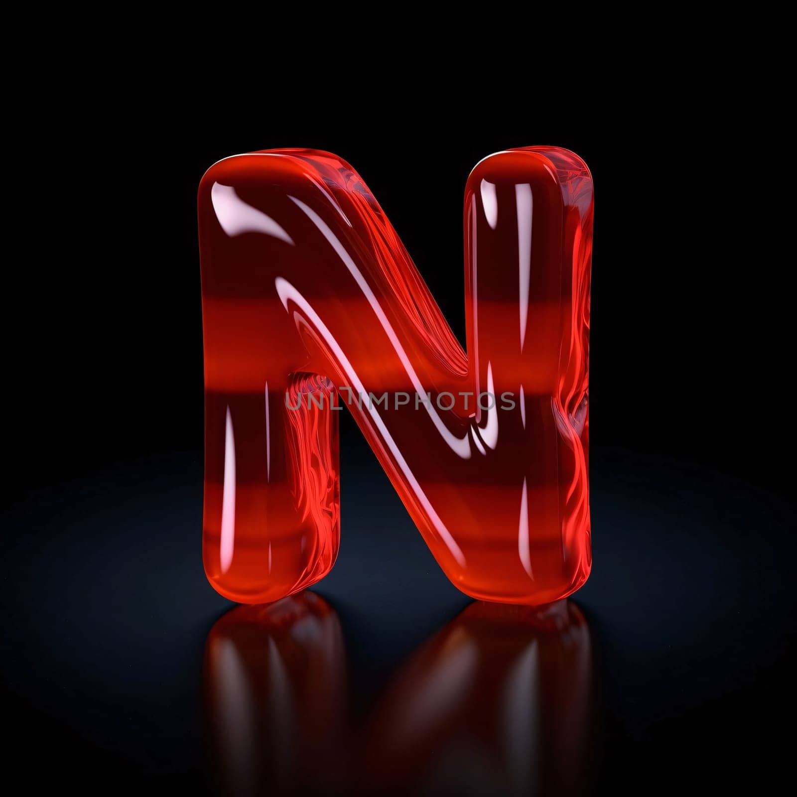 Graphic alphabet letters: Red jelly letter N on black background. 3d rendering. High resolution.