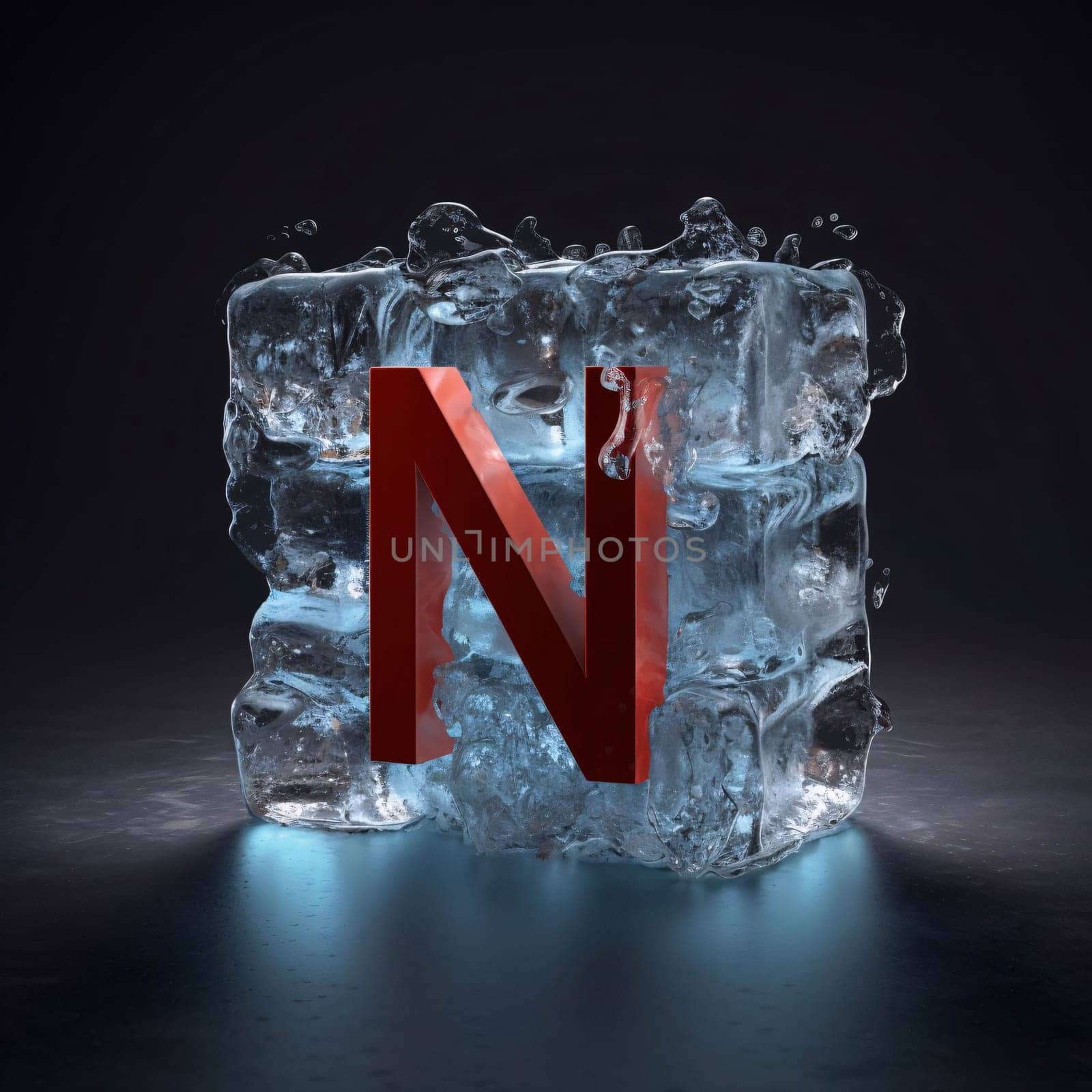 Graphic alphabet letters: Letter N frozen in ice cube on dark background. 3D rendering.